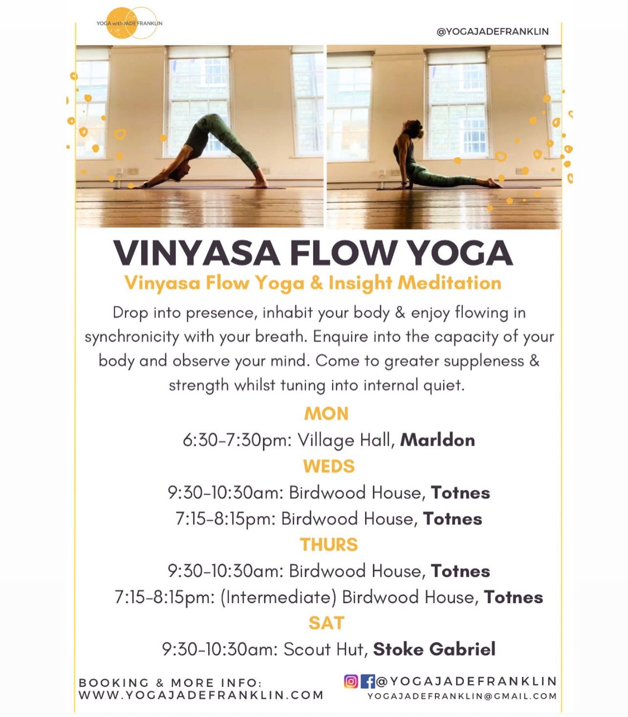 ⭐️Here a full timetable for Vinyasa Flow Yoga⭐️

Looking forward to getting onto the mat with you next week, with one more chance to practice 😊&hearts;️🕉

A NEW Thursday AM class at Birdwood House, Totnes, 9:30-10:30am

Also a new pricing structure