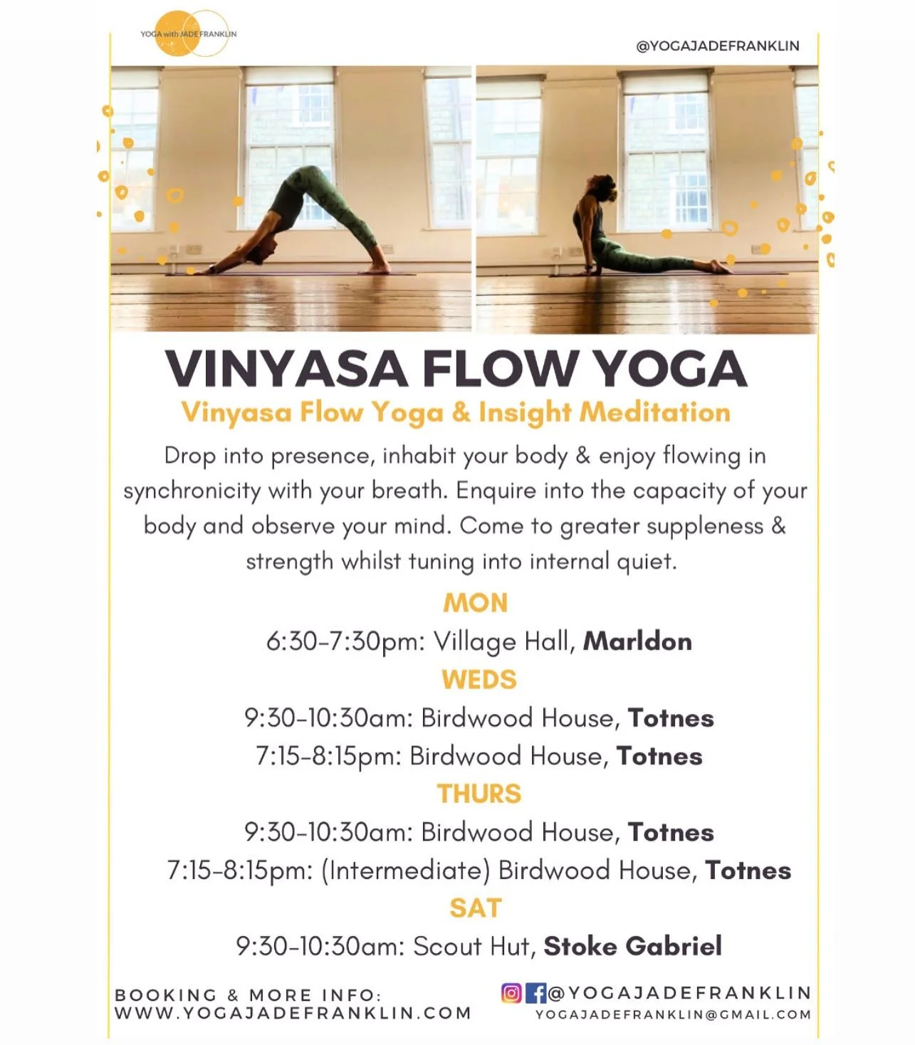 ⭐️Here a full timetable for Vinyasa Flow Yoga⭐️

Looking forward to getting onto the mat with you next week, with one more chance to practice 😊&hearts;️🕉

A NEW Thursday AM class at Birdwood House, Totnes, 9:30-10:30am

Also a new pricing structure