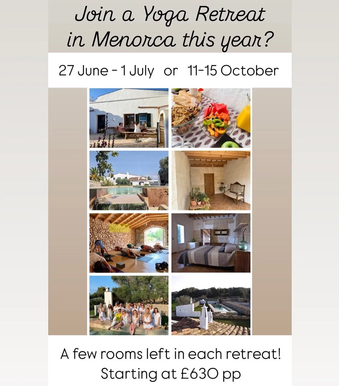 ⭐️ Join the Magic ⭐️

Menorca Retreats 2025 🌴☀️🧘&zwj;♀️

The Menorca retreats are the absolute highlight of the yoga year for me. Give yourself this. Honestly, you will be amazed &hearts;️🕉 To relieve yourself of responsibilities and immerse yours