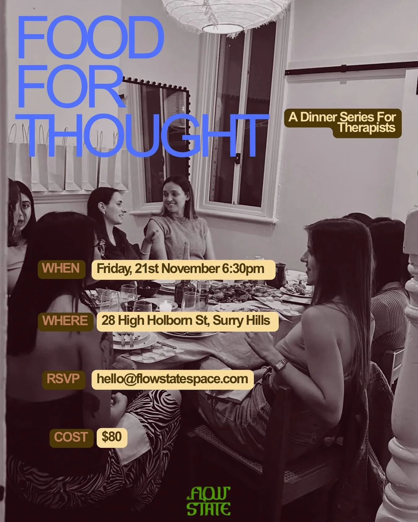 Food For Thought November is here! 🍽️ 
THIS EVENT IS NOW SOLD OUT. 
Please email to be added to the waitlist! 

A dinner party for therapists, by a therapist. 

Come and join an event that has sold out the last 3 months within an hour (!!! 🥲) 

It 