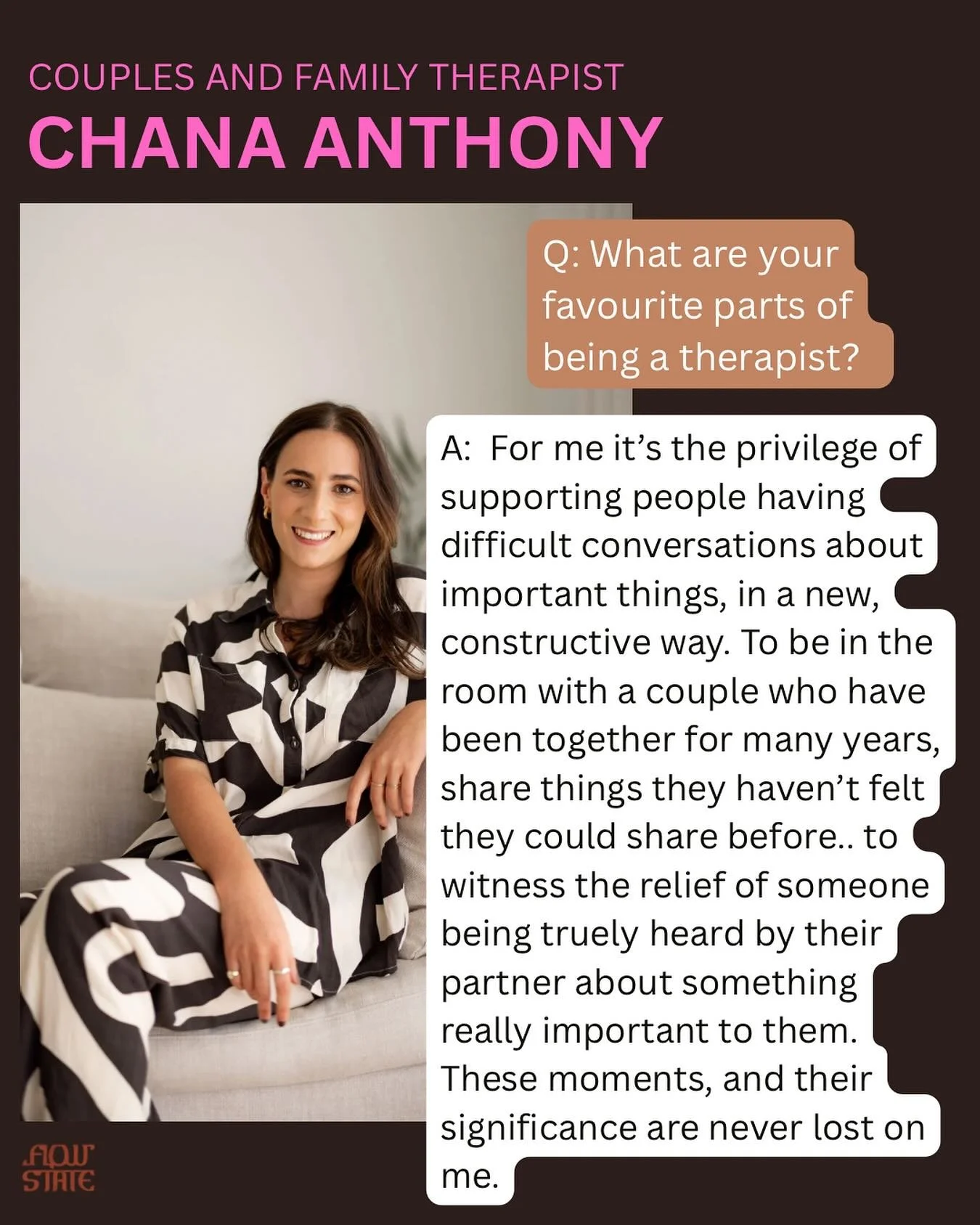 FAQs with our amazing couples, relationship and family therapist Chana Anthony. 

Chana has a heap of qualifications including a mental health social work undergrad and Masters in family and systemic therapy + years of experience working in various s
