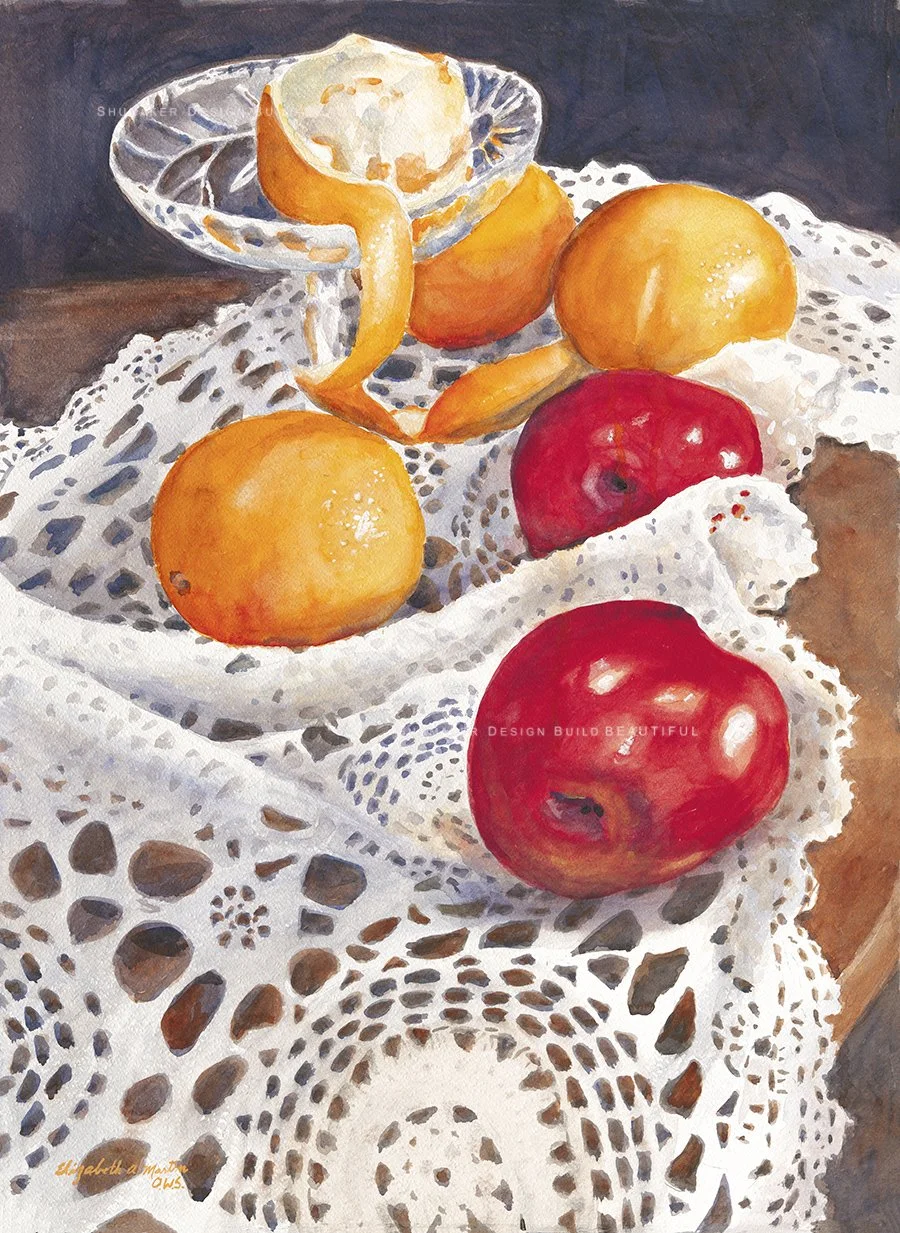 Apples and Oranges on Lace- Giclée watercolor