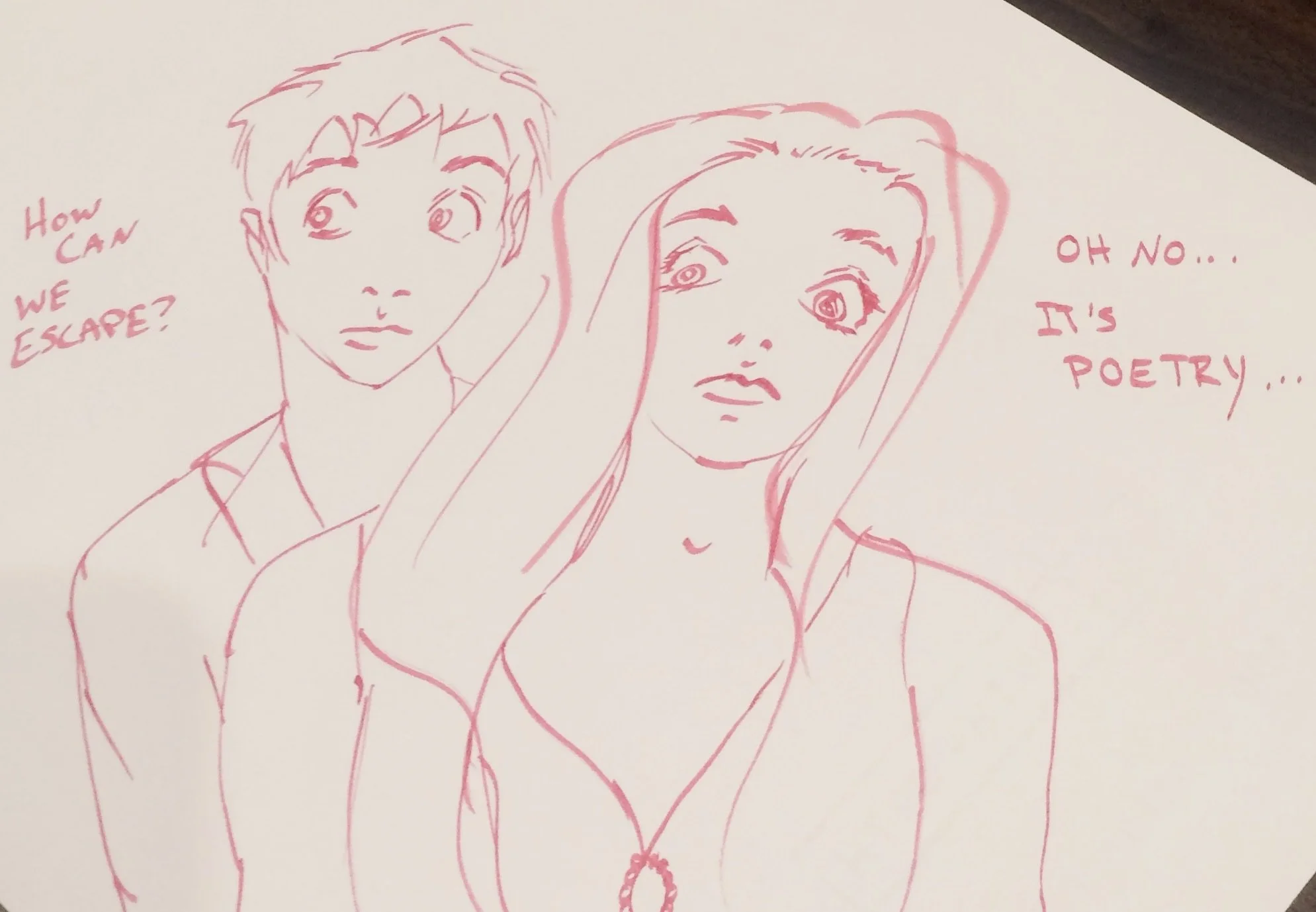 A pink line drawing of two women, one with short hair and one with long hair, with handwritten text on white paper that reads, "How can we escape?" and "Oh no... it's poetry...".
