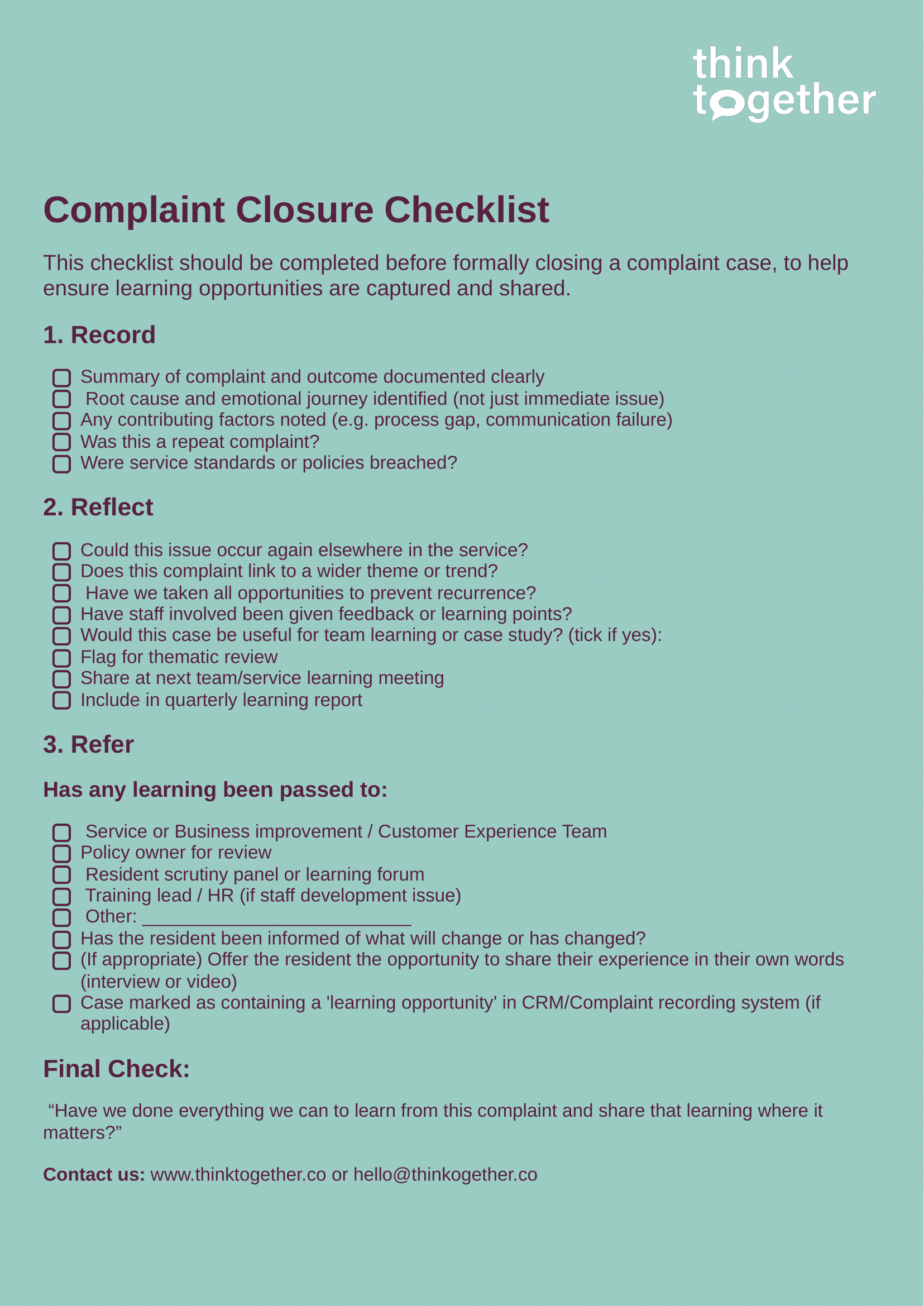 A checklist titled 'Complaint Closure Checklist' with sections on recording, reflecting, referring, and final checks, including various checkbox items for complaint management activities. The pointer to contact is provided at the bottom.