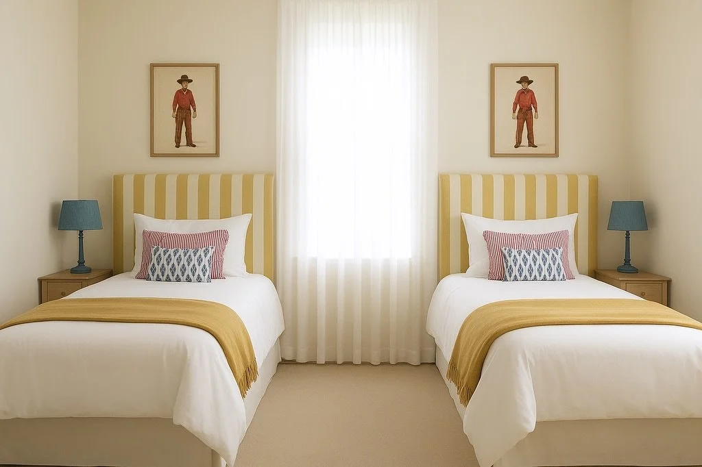 From moodboard to (almost) reality 💛
Bringing this playful twin bedroom scheme to life - a mix of bold stripes, sunny tones and a cheerful pattern. 

We can&rsquo;t wait to see it come together in real life! 

#bedroom #moodboard #inspiration #rende