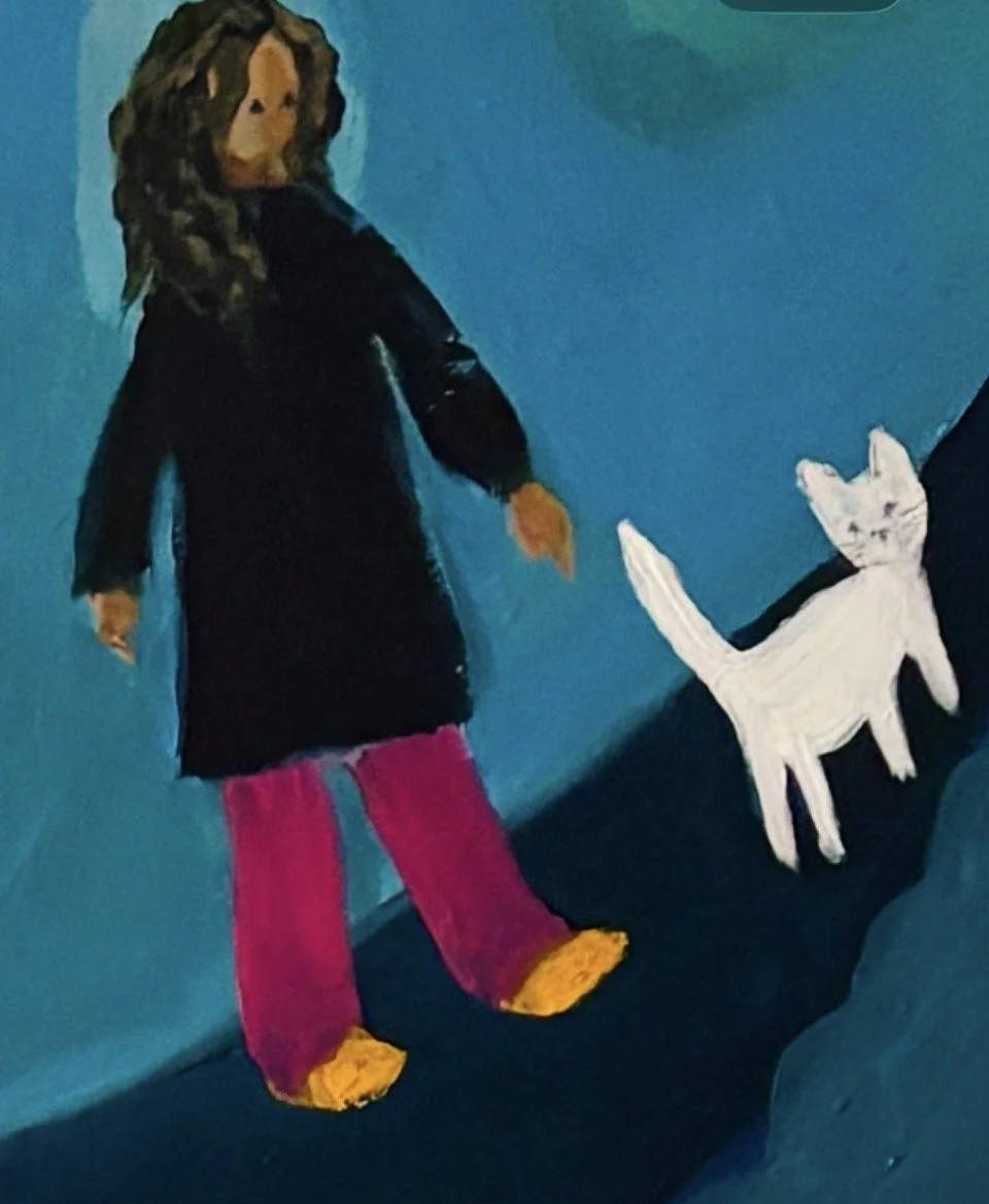 'Lullaby and the Yellow Shoes' (100x100cm, acrylic on canvas, white wood framed)