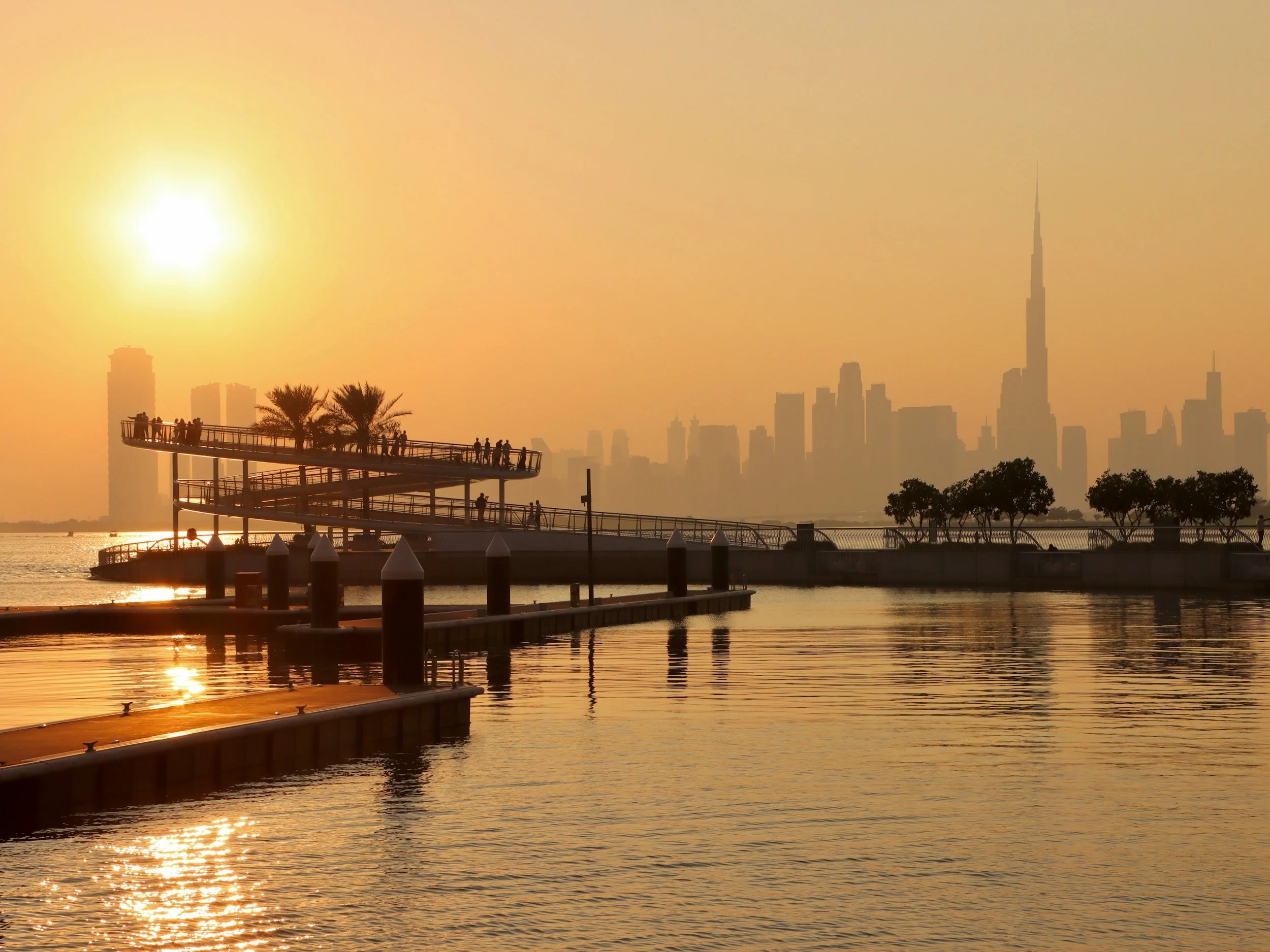 Dubai Creek Harbour at Sunset bathed in golden light