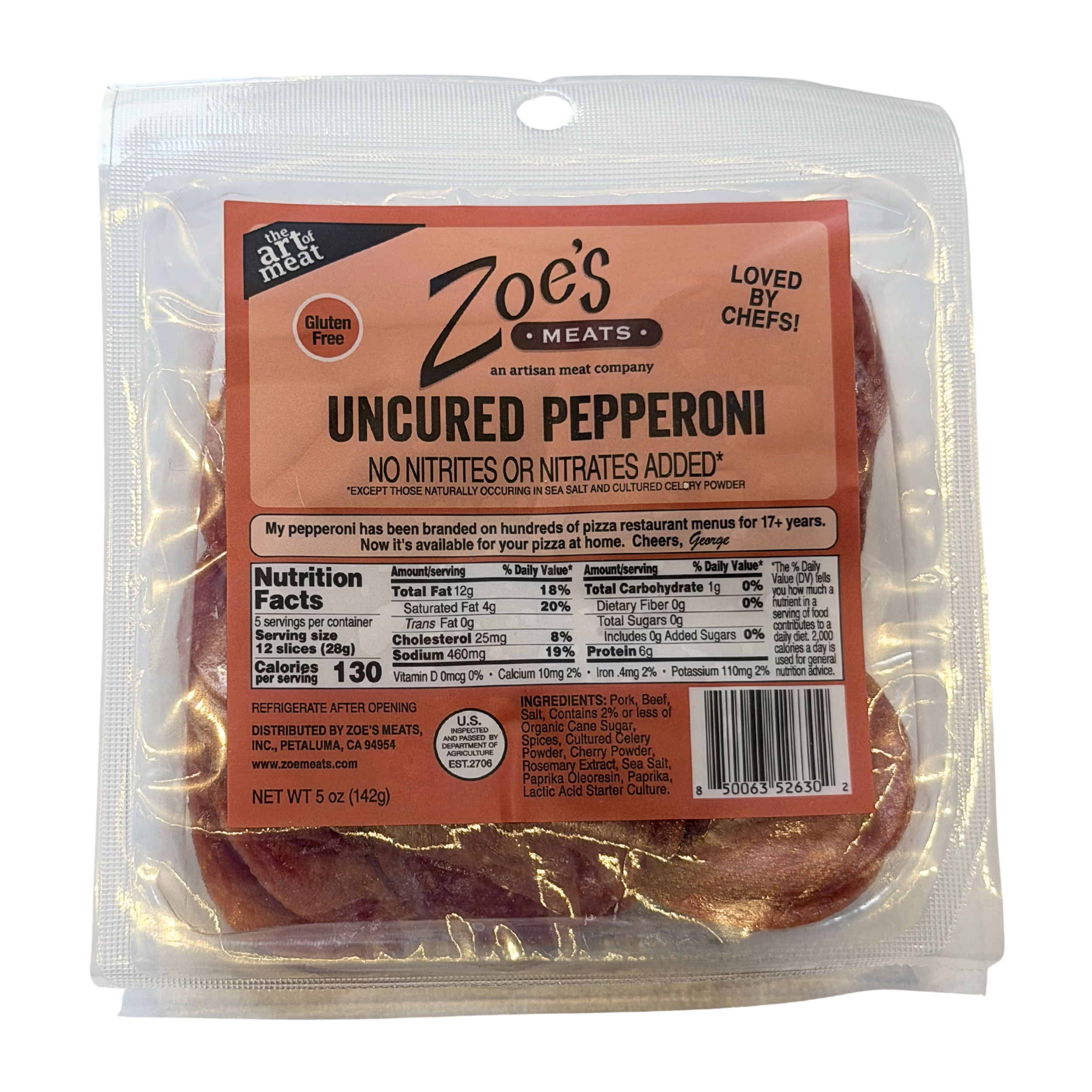 Uncured Pepperoni, Sliced, 5oz (3 per order)