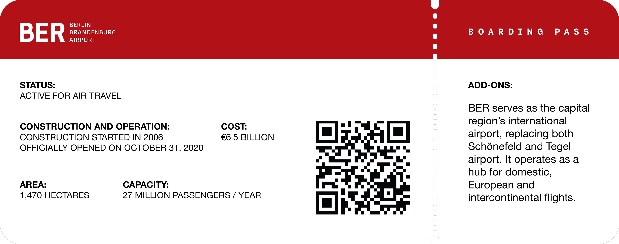 Boarding pass for Berlin Brandenburg Airport featuring its status, construction details, cost, area, capacity, and function as an international hub.