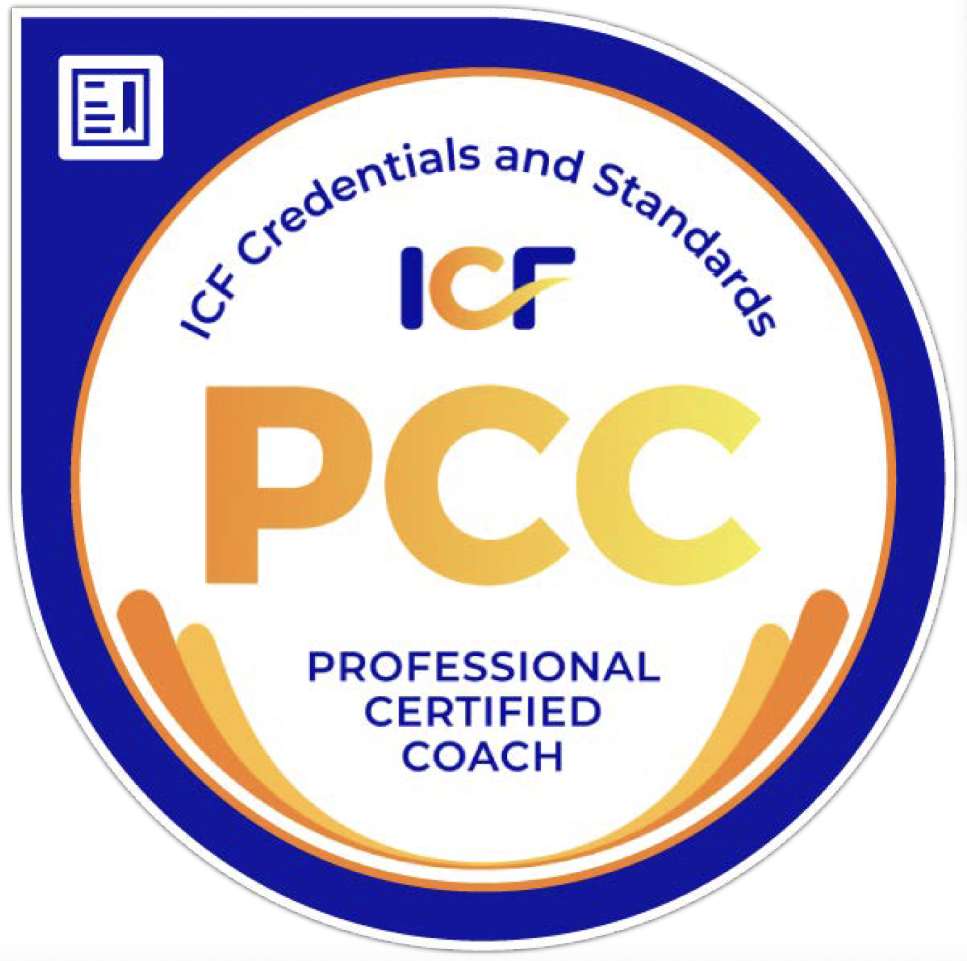 ICF PCC logo with text stating 'Professional Certified Coach' and 'ICF Credentials and Standards'