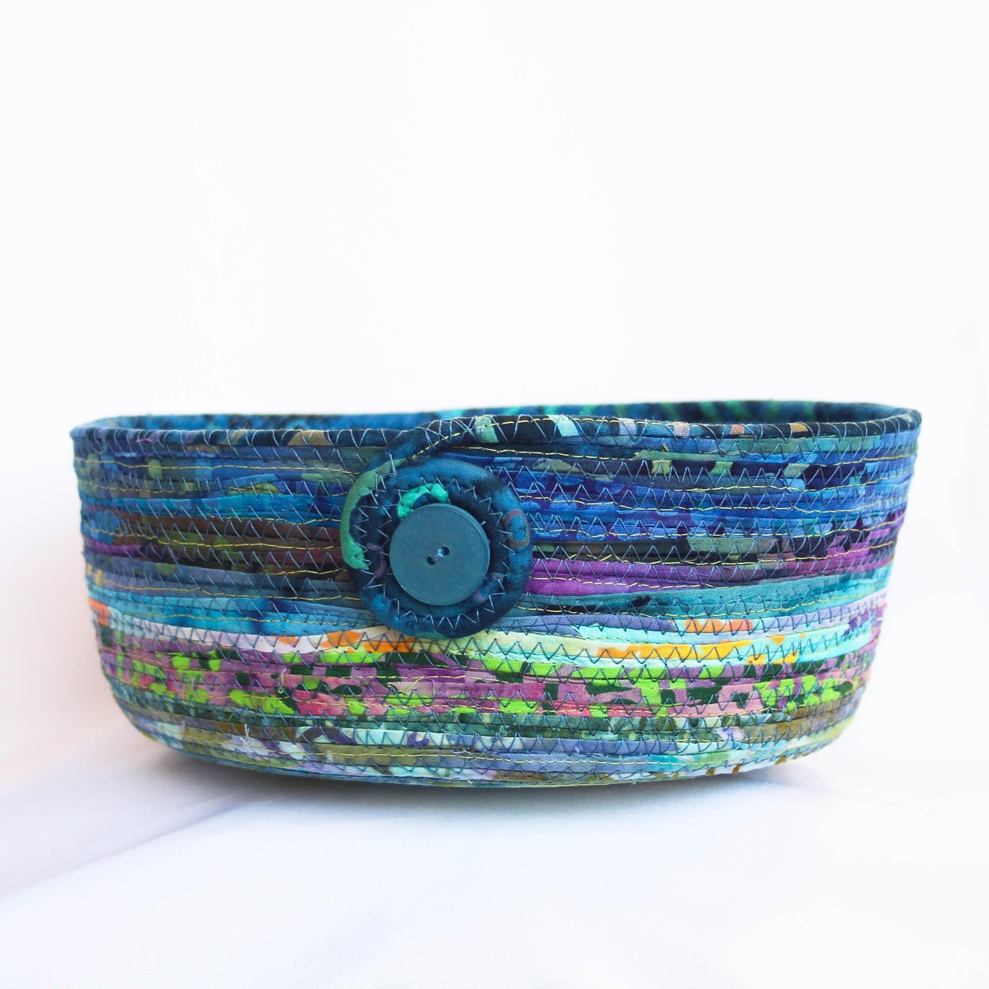Large Coiled Bowl made of Green and Blue Batik Fabrics