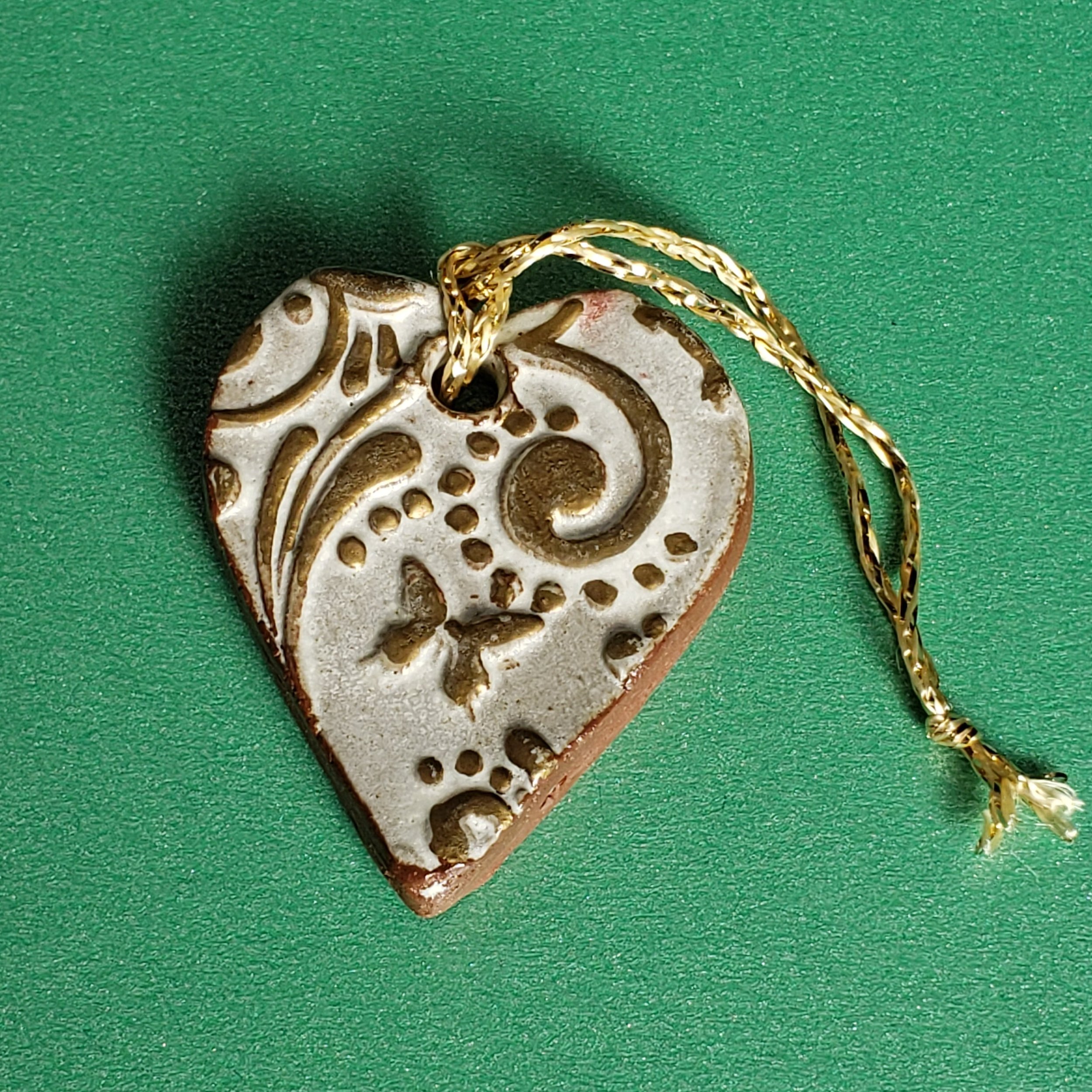 Pottery Heart Ornament in white and gold