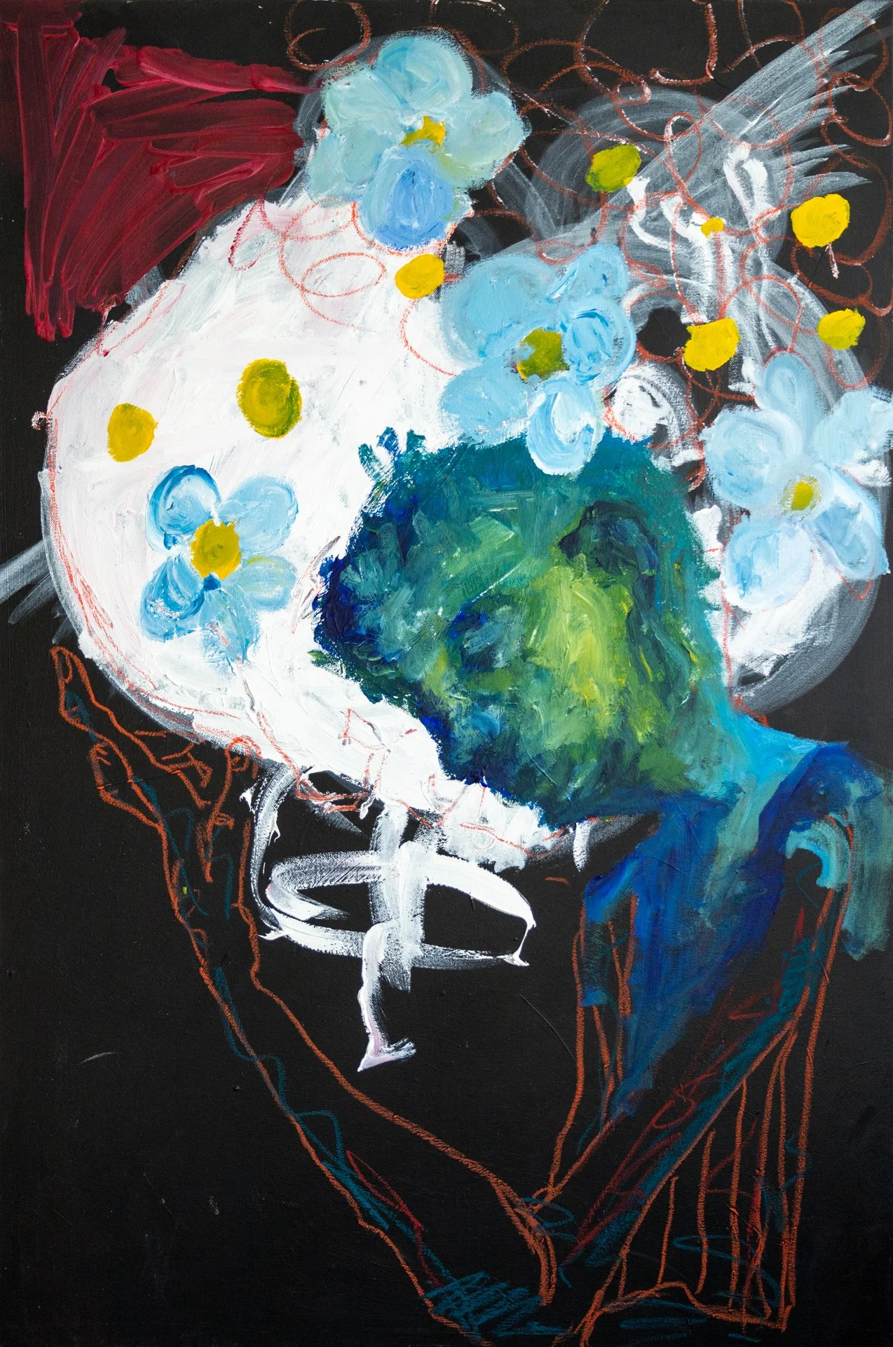 "bird ur mind", 2025
Acrylic, gouache, oil pastel on canvas, 24x36in, an exploration of mixed media, materiality and layering over time