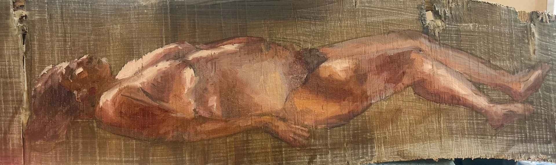 "Lay down", 2025
Oil on found wood, 10x35in, a continued experimentation of the figure on different non-traditional painting surfaces