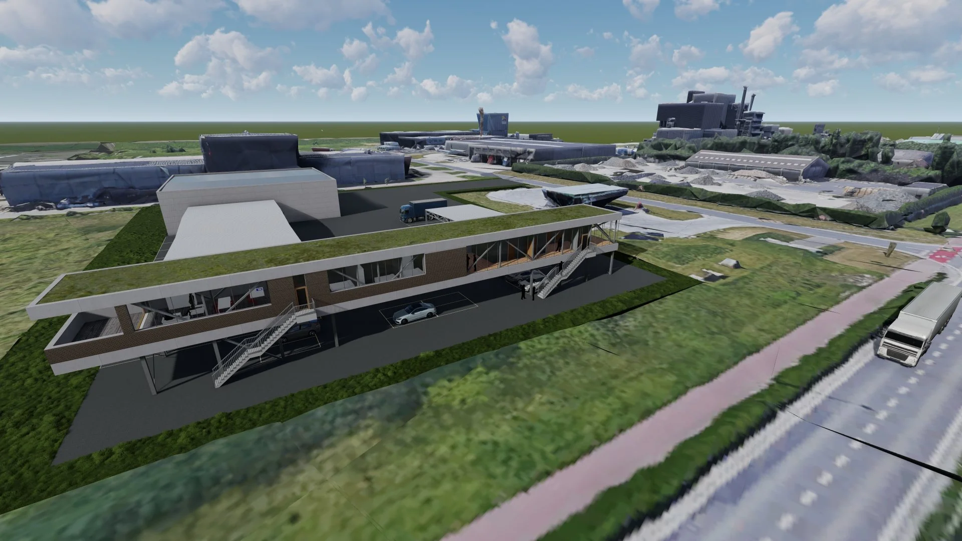 Digitale 3D weergave van een modern bedrijfsgebouw met parkeerplaatsen en een groene gevel, op de achtergrond een industrieterrein en een wolkenlucht.