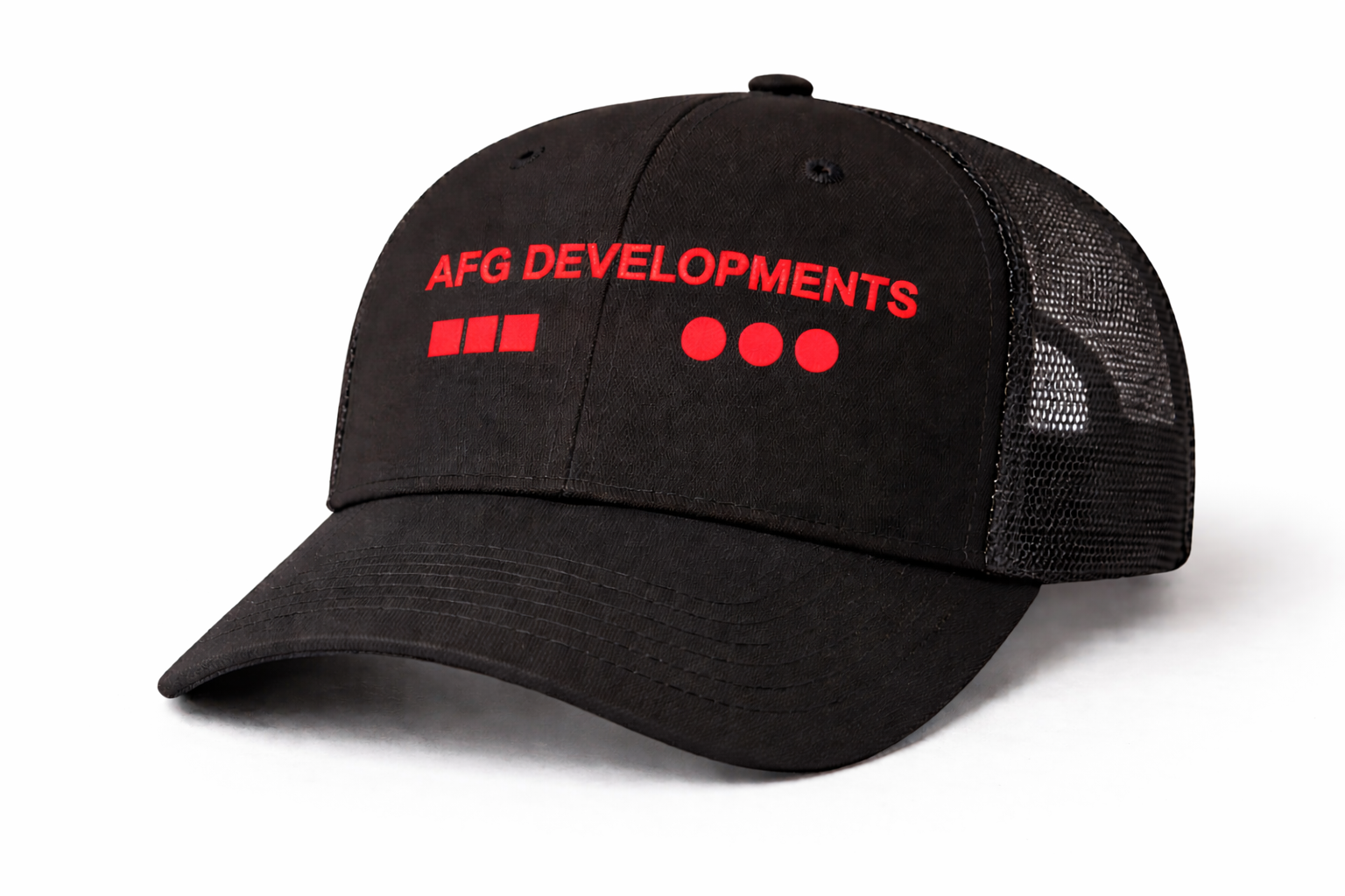 Black trucker hat with red logo.png