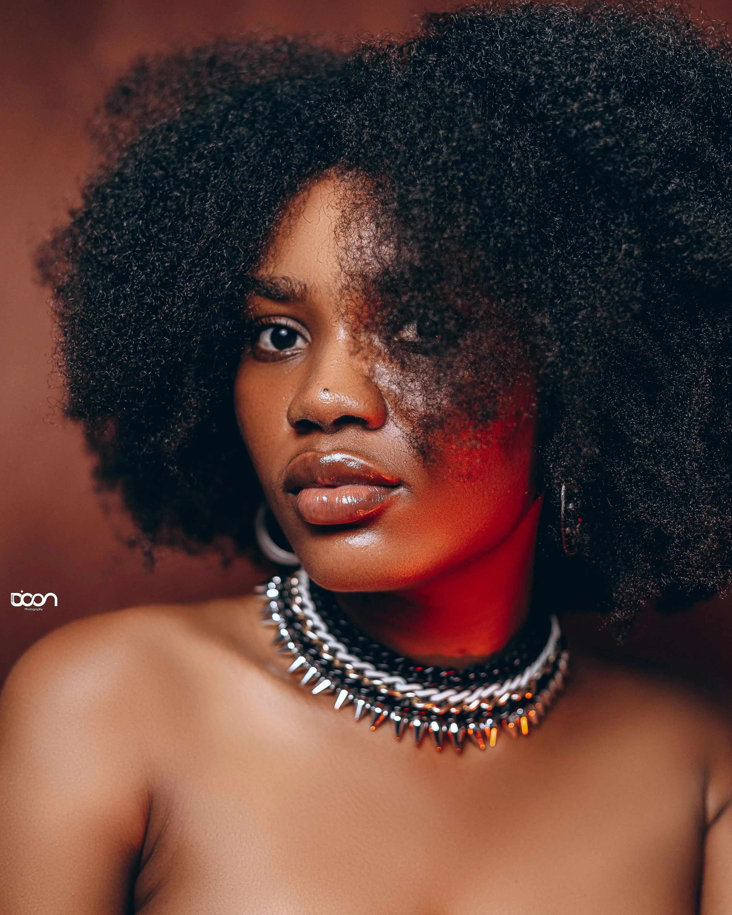 A close-up portrait of a woman with natural, curly hair, wearing layered necklaces and hoop earrings, with a neutral expression and soft lighting.