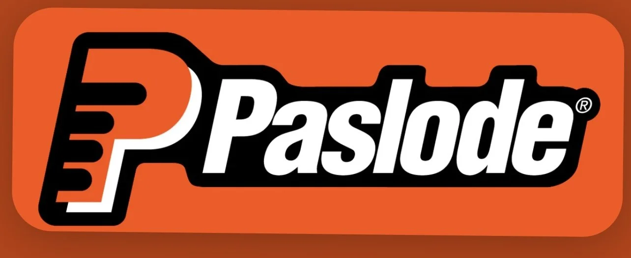 Paslode logo with an orange background and a stylized black and white wordmark.