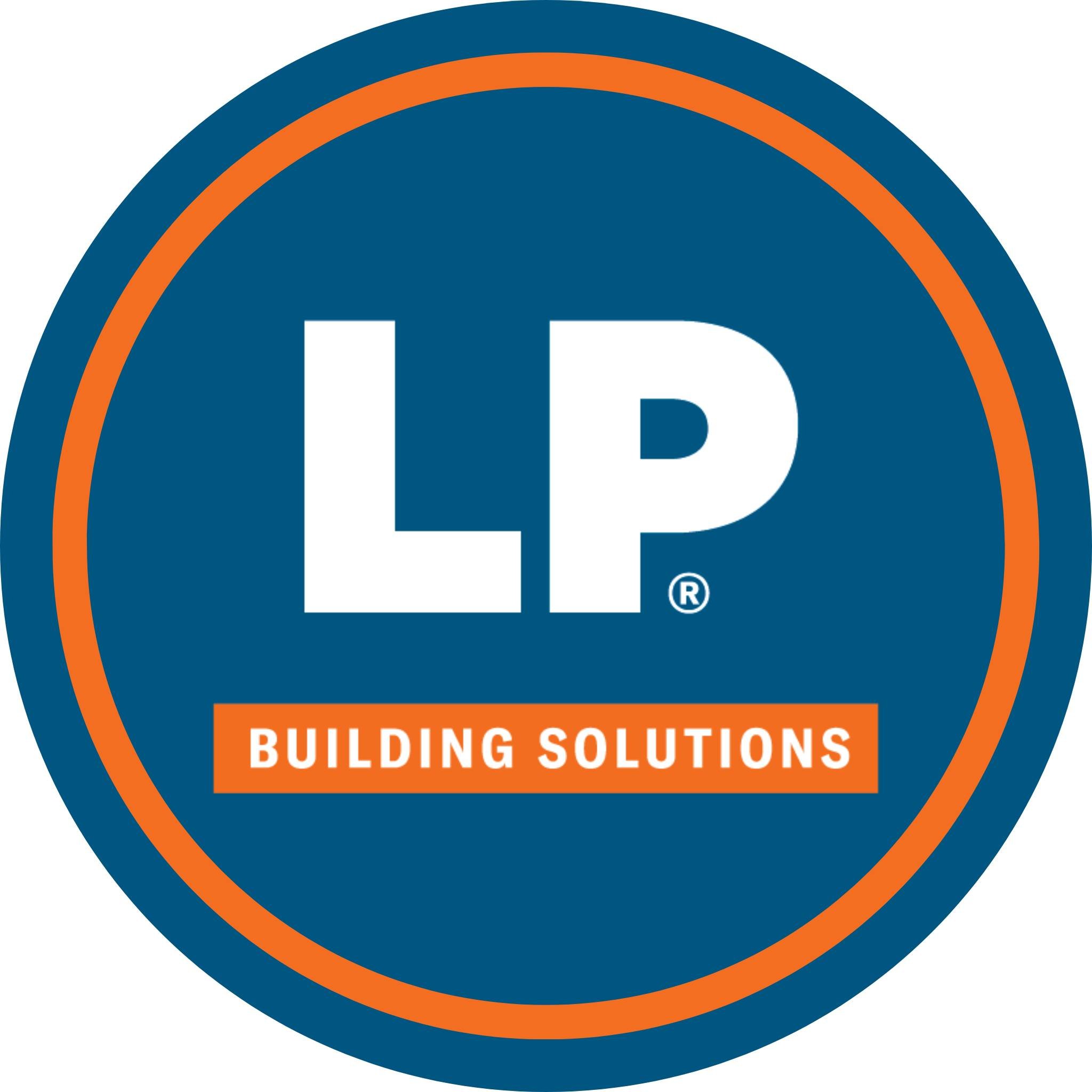 LP Building Solutions logo with blue background, white letters, and orange circular border and text.