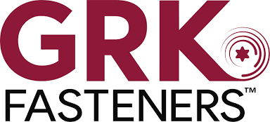 GRK Fasteners logo with the word 'GRK' in large maroon letters and 'Fasteners' below in black, featuring a circular symbol with radial lines and a star in the center.