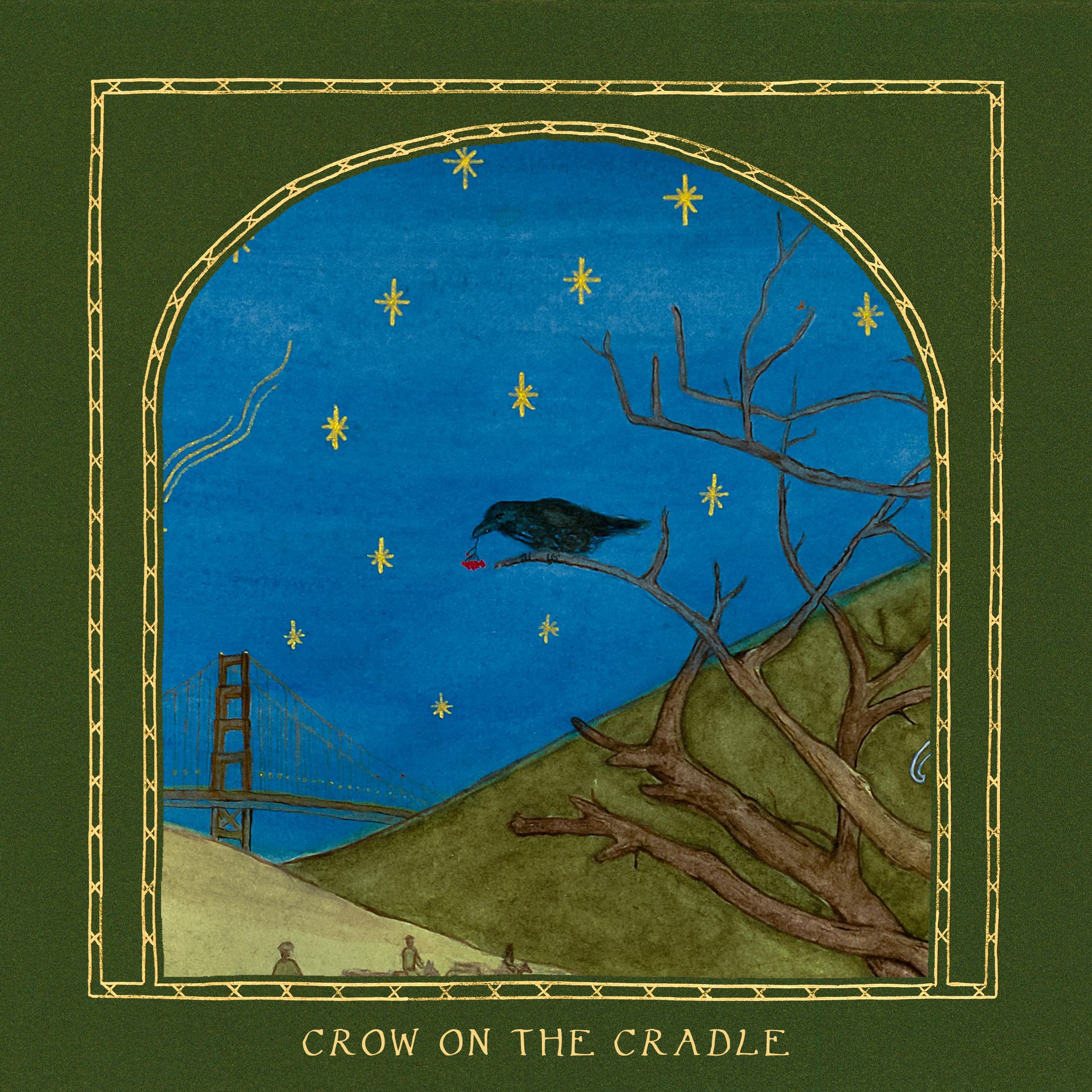 The Single cover for "Crow on the Cradle" by Craven. A water colour painting of crow on a tree infront of a starry sky is framed in ornamented green and gold.