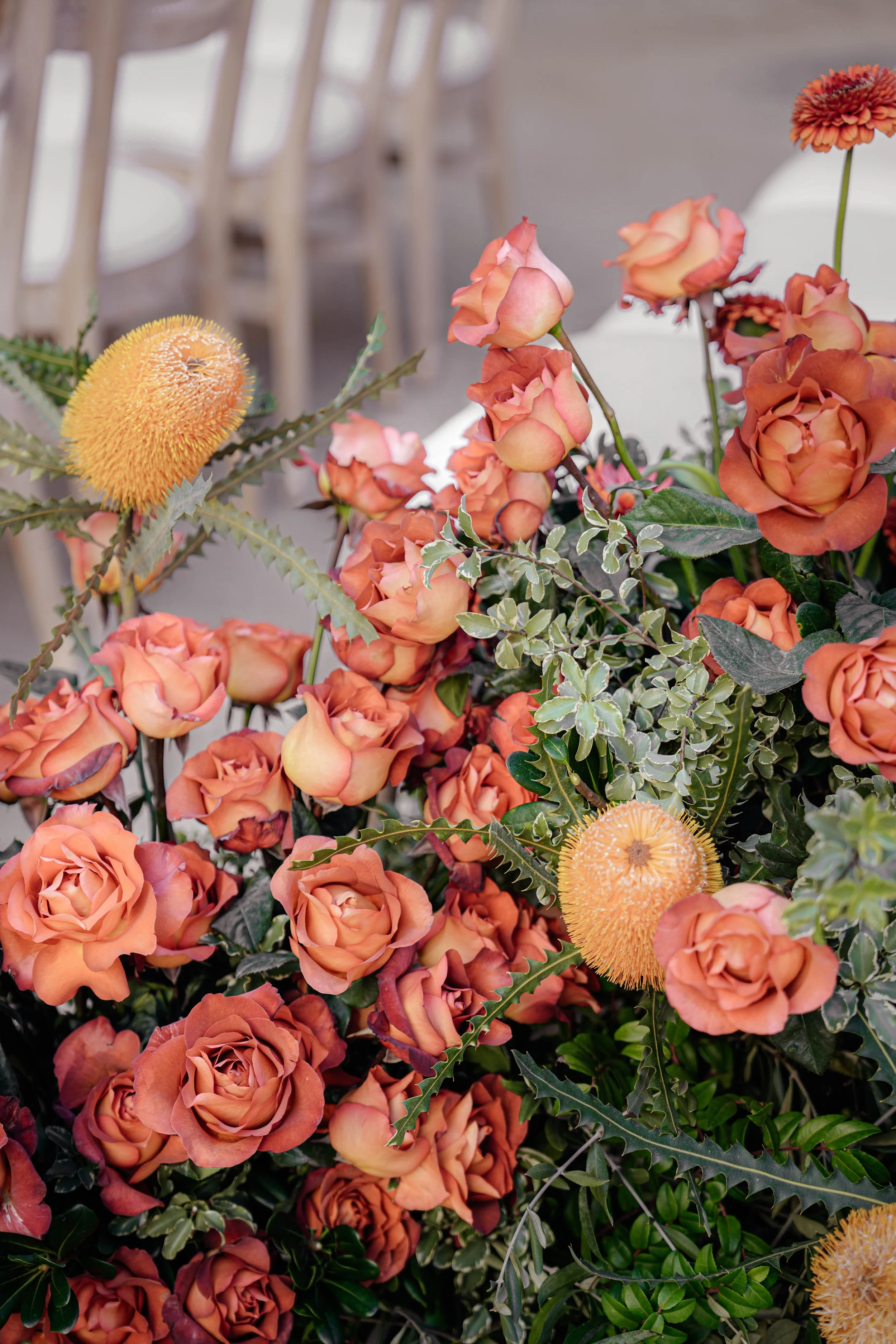 A close-up of a floral arrangement with peach roses, yellow pincushion flowers, and green foliage, with a blurred background of chairs.