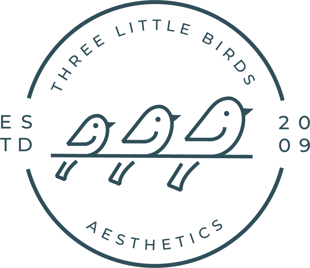 A circular logo with three stylized birds walking in a line and the text "Three Little Birds" along the top, "ESTD 2009" on either side, and "Aesthetics" along the bottom.