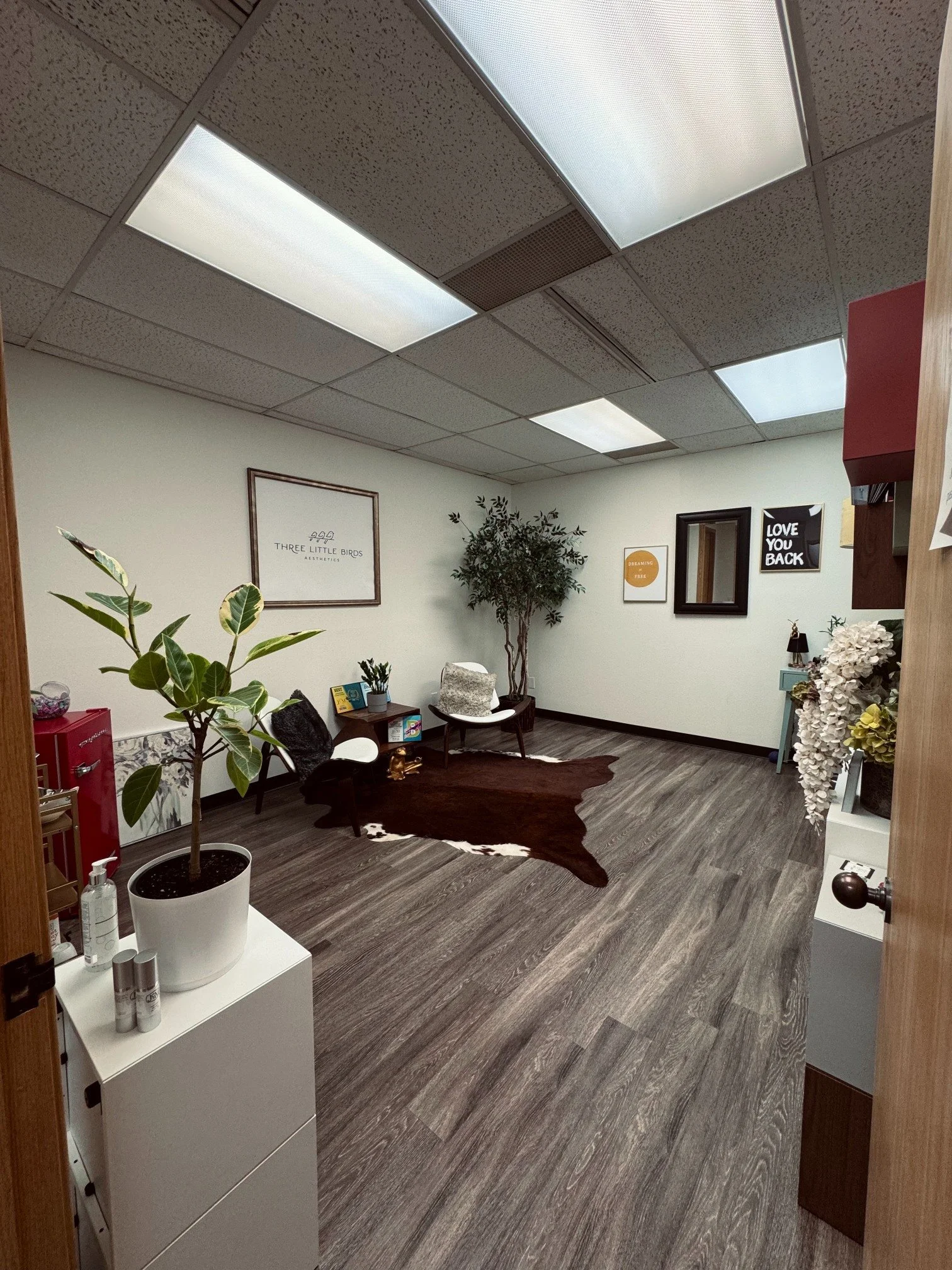 A waiting room with chairs, a cowhide rug, potted plant, and wall decor including framed art, a mirror, and signs saying "LOVE YOU BACK" and "DREAMING SAFE."