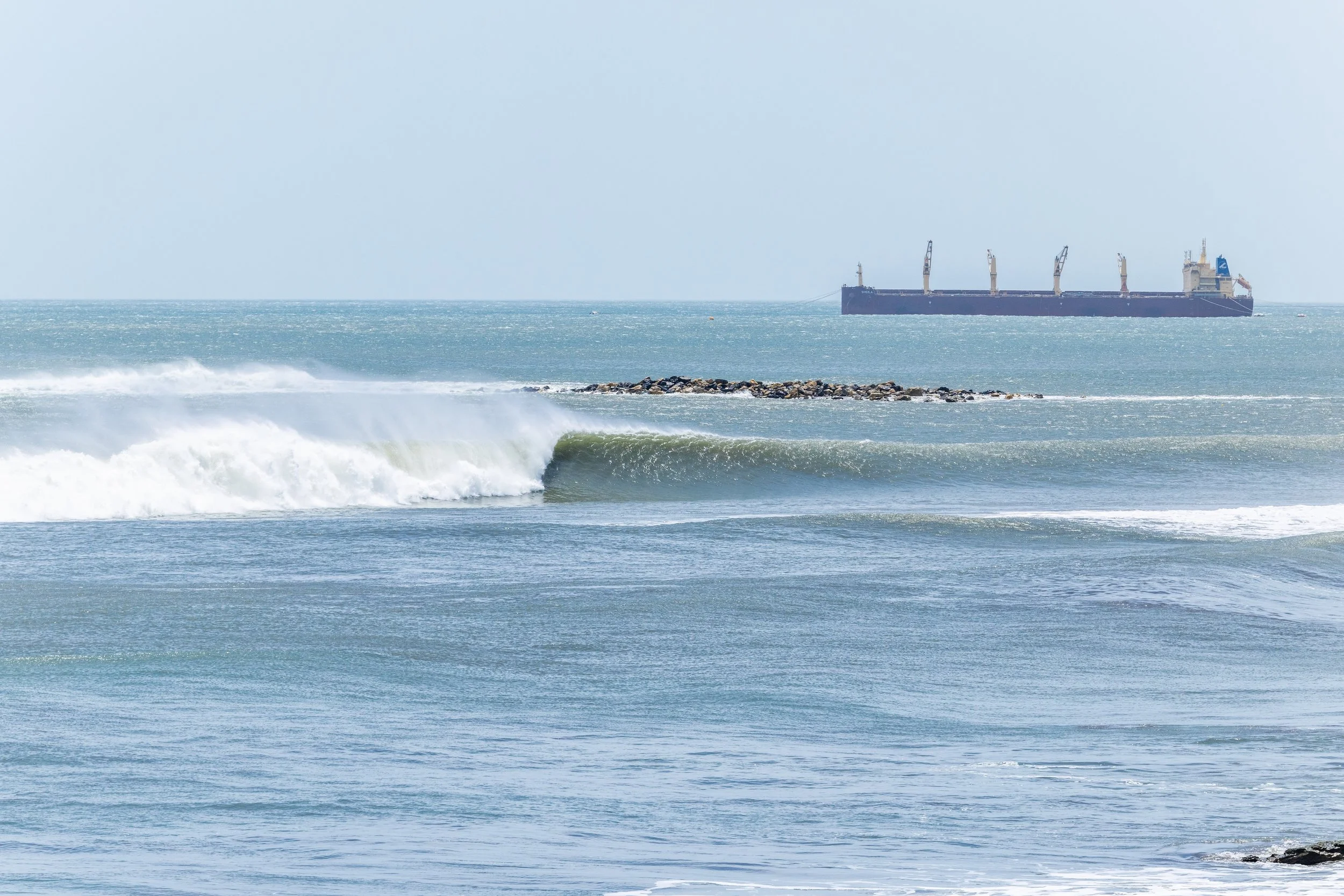 People swimming in the ocean with a large wave approaching in the background.