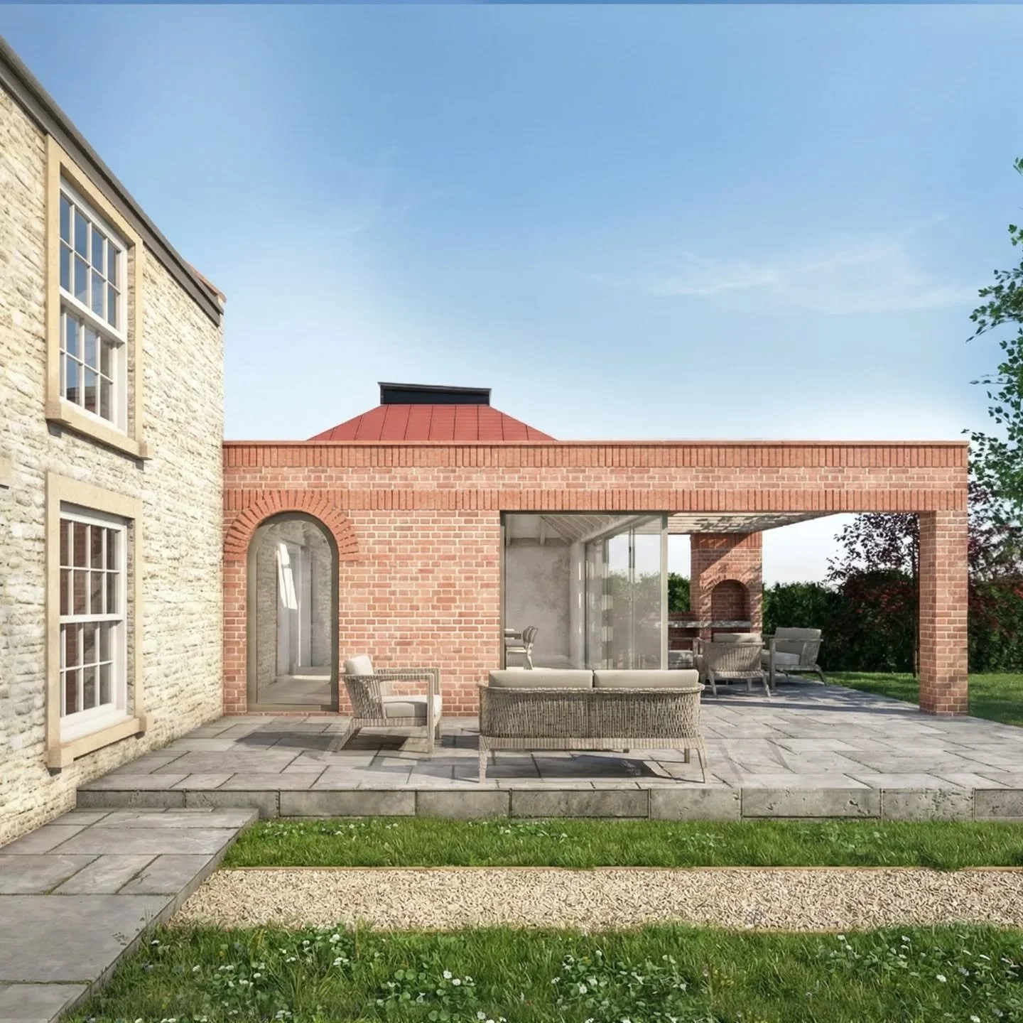 Planning has been submitted on this brick kitchen extension. 

We loved designing this striking brick extension for our clients. 

The brick mirrors brick details elsewhere in the building and the curved arches take inspiration from the existing gard