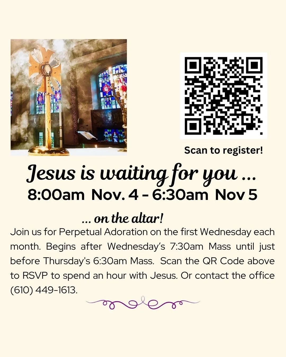 Spend an hour with Jesus! Sign up for adoration here: https://annunciationbvm.flocknote.com/signup/229770