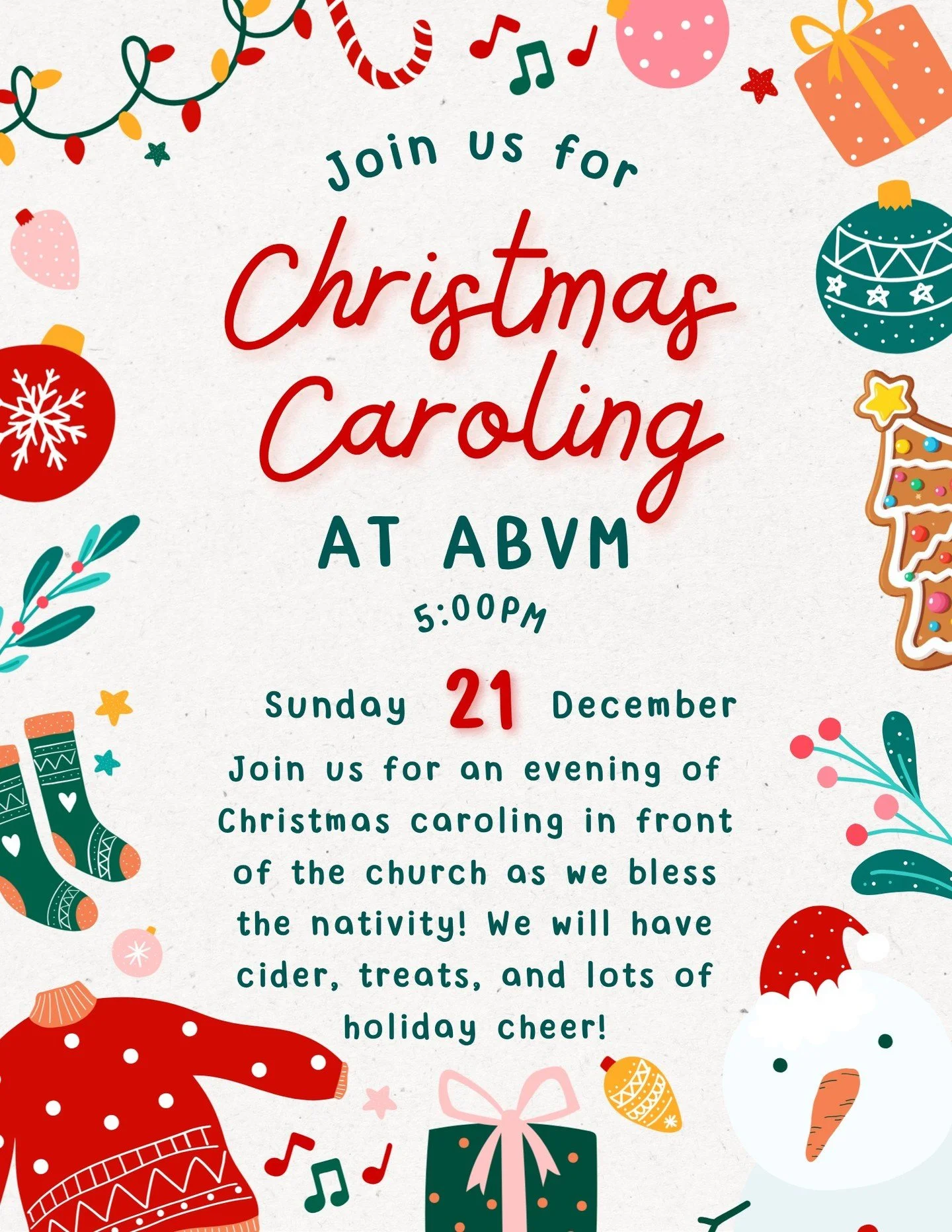 MARK YOUR CALENDARS! Here we come a caroling at ABVM! At 5:00pm on the evening of December 21, meet us in front of the church for carols, cookies, and cider as we bless our Nativity and bring a little Christmas cheer to Havertown!