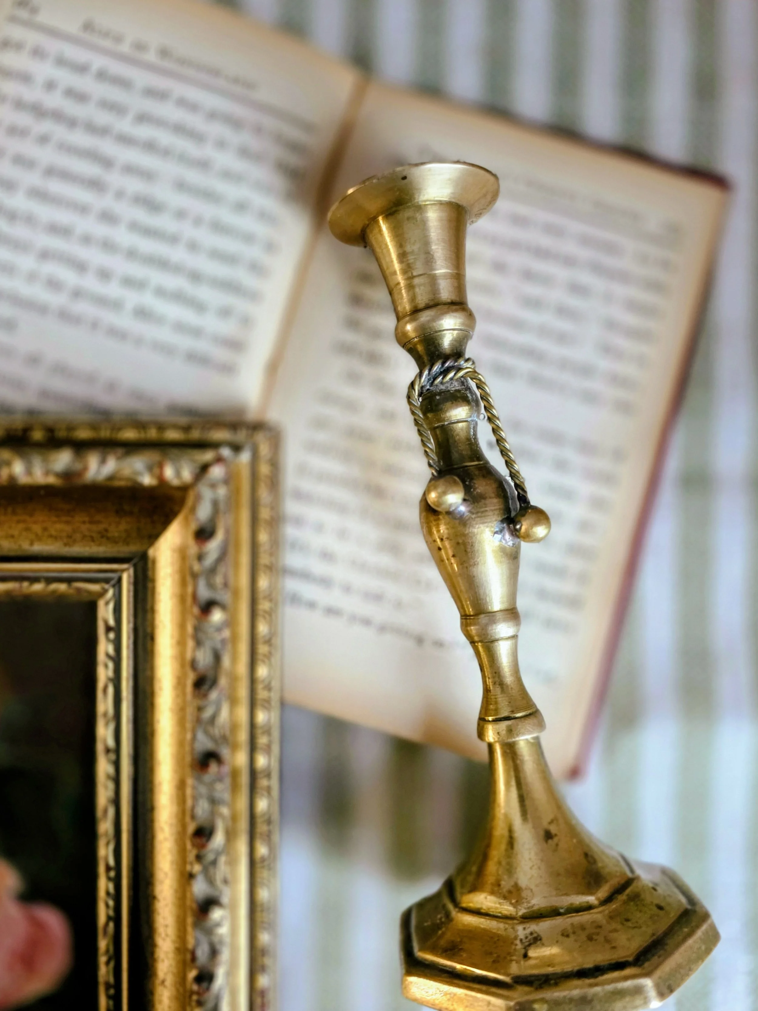 Antique Victorian Brass Candlestick Circa 1890 with Decorative Rope Twist /detail and Octagonal Base