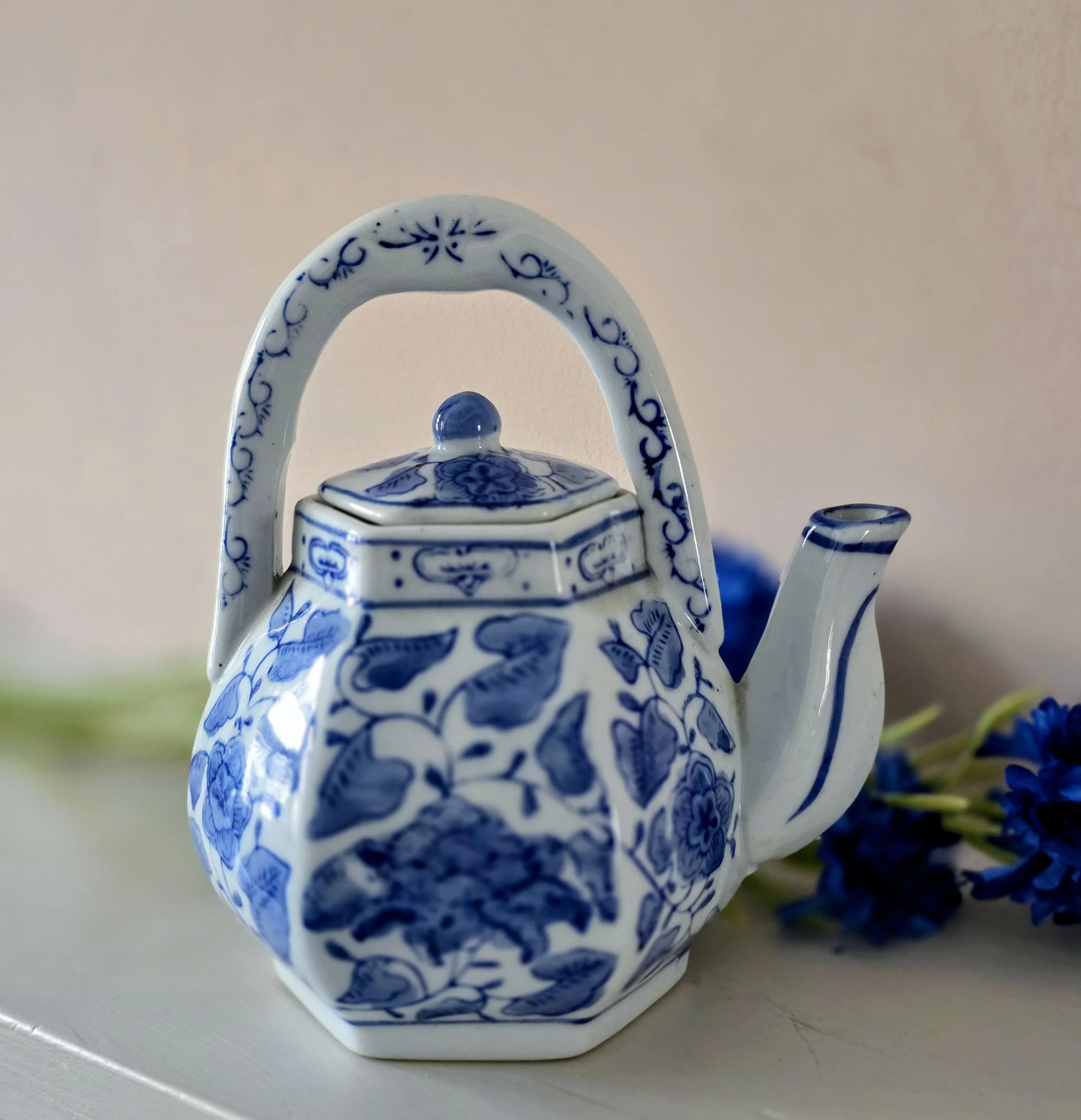 Vintage Blue and White Hexagonal Decorative Teapot