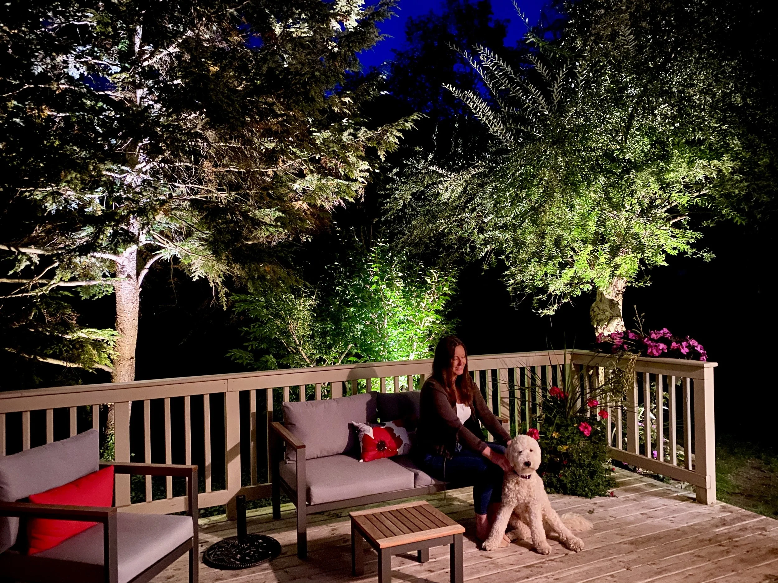 A woman sitting on an outdoor wooden deck with a large poodle, surrounded by potted flowers and trees illuminated at night.