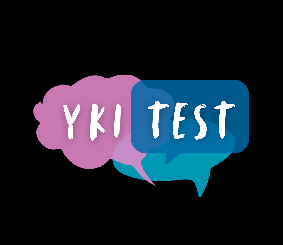 "The words 'YKI TEST' displayed inside interconnected speaking, writing, and thought bubbles
