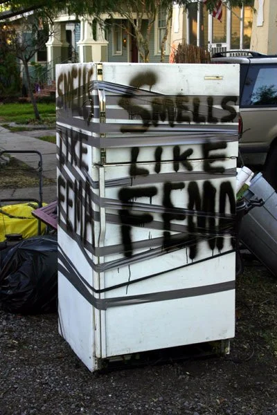 A fridge with rotten food in New Orleans after Hurricane Katrina