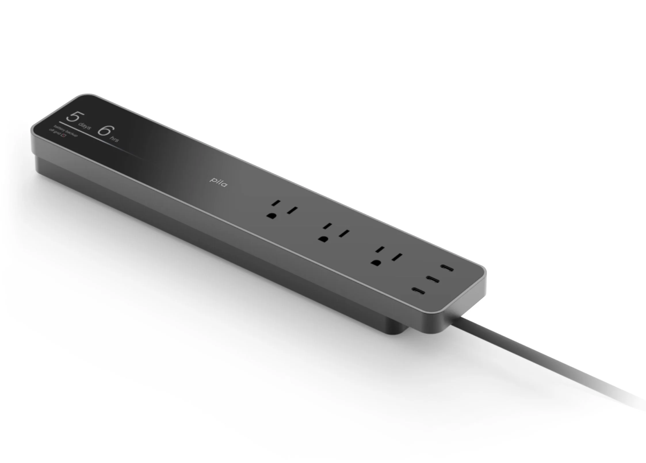 A sleek, modern power outlet strip with a digital display on it