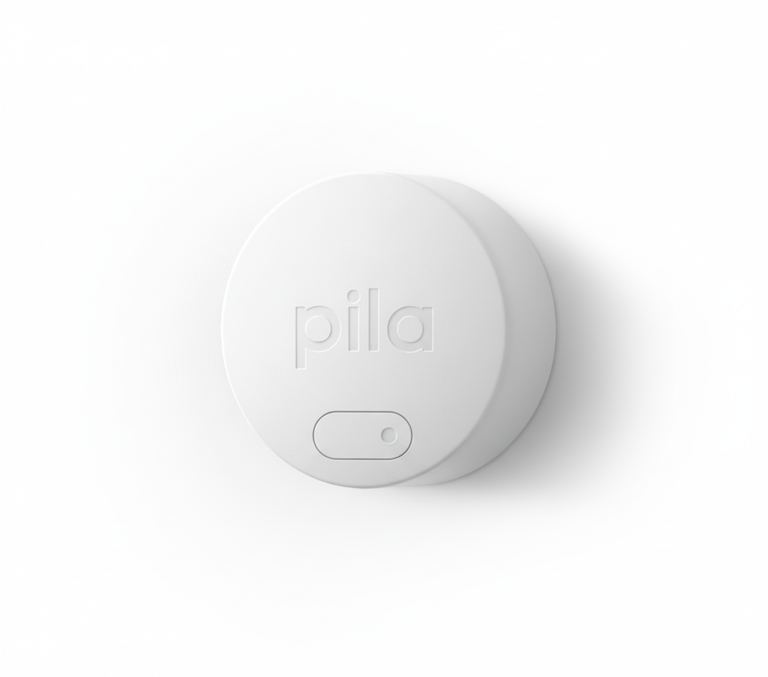 A small, round, white device - the Pila fridge monitoring kit - with the word 'pila' embossed on it and a small button near the bottom.