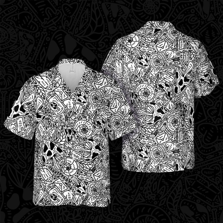 A Button-up shirt with a funky, wild, and busy pattern containing objects of interest such as ammonite shells, candles, crystals, mushrooms, and other oddities.