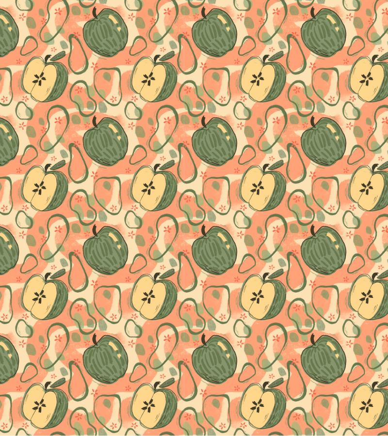 A repeating tile pattern depicting green apples and fun pink shapes in the background.