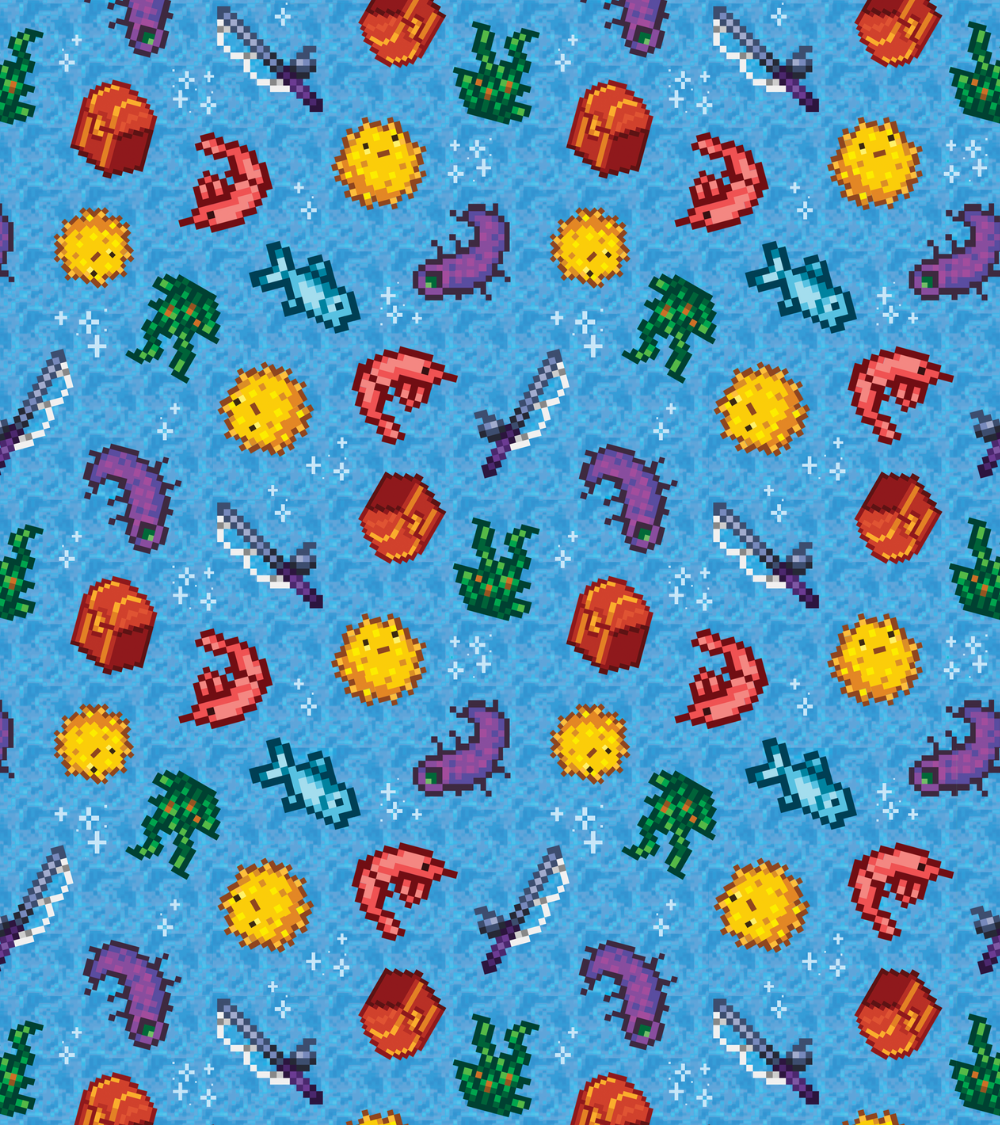 A pattern depicting Stardew Valley fish and items.