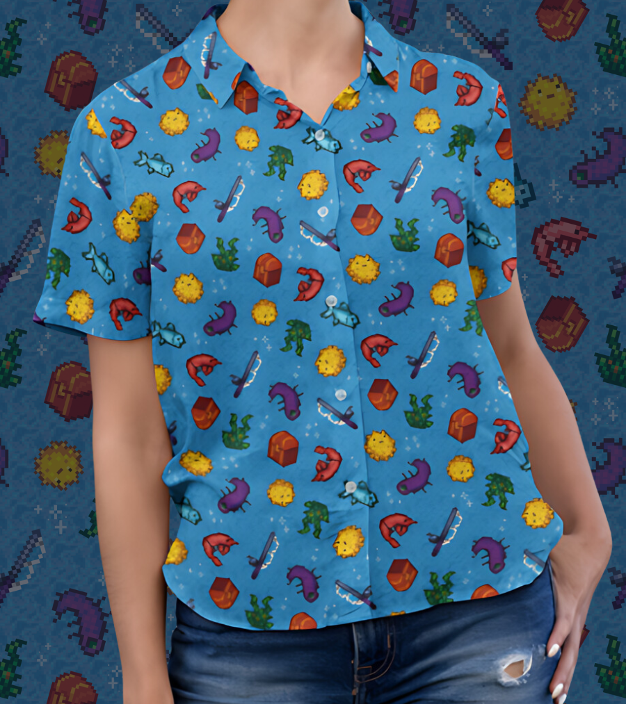 A model wearing a shirt that has an all over print of stardew valley fish and items.