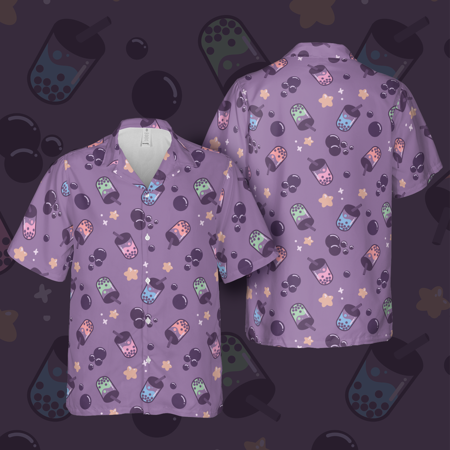 a front and back view of a boba tea themed purple all over print button up shirt