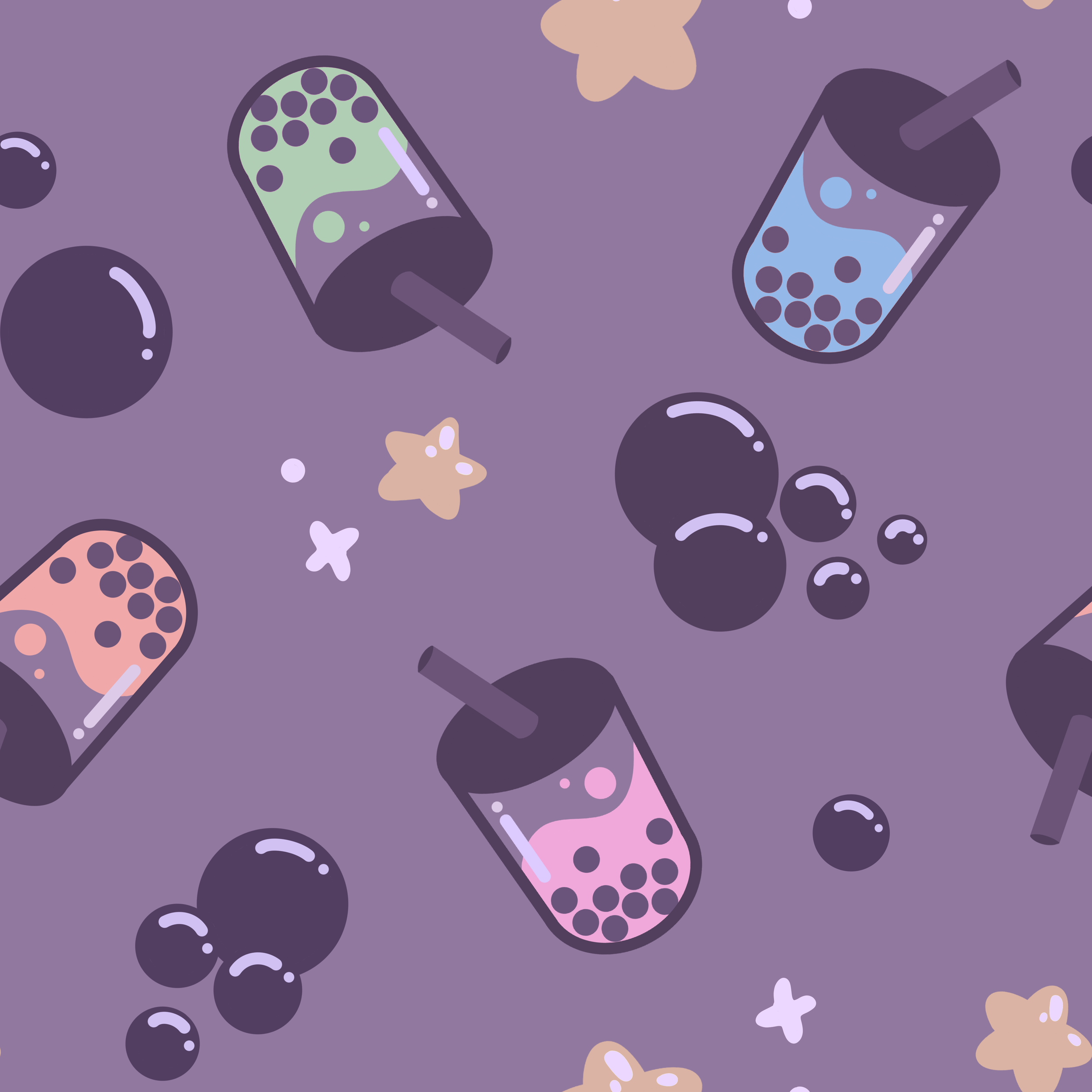 a repeat pattern tile with boba tea motifs over a purple background
