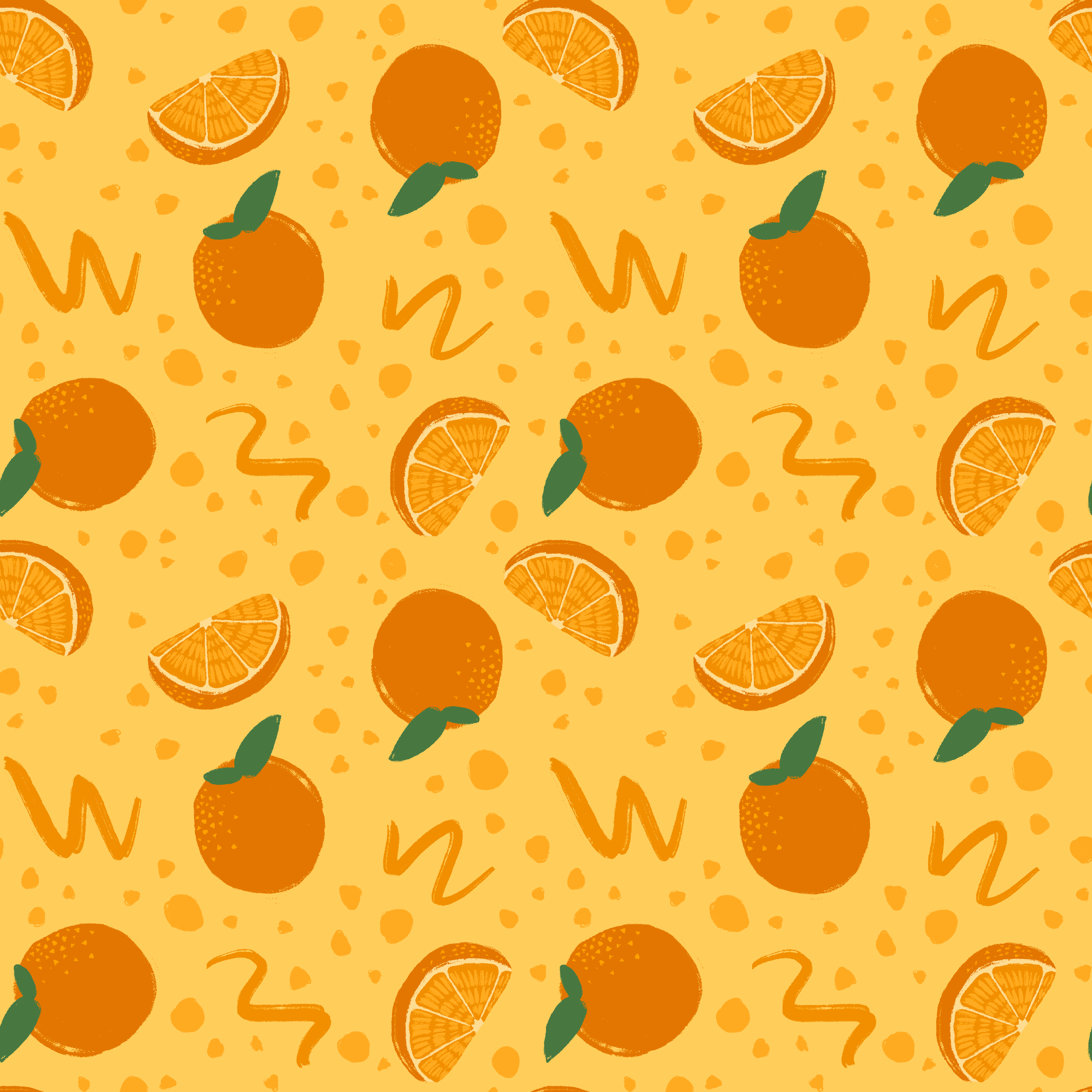 An orange repeat pattern tile with fun orange squiggles and orange slices over a yellow background
