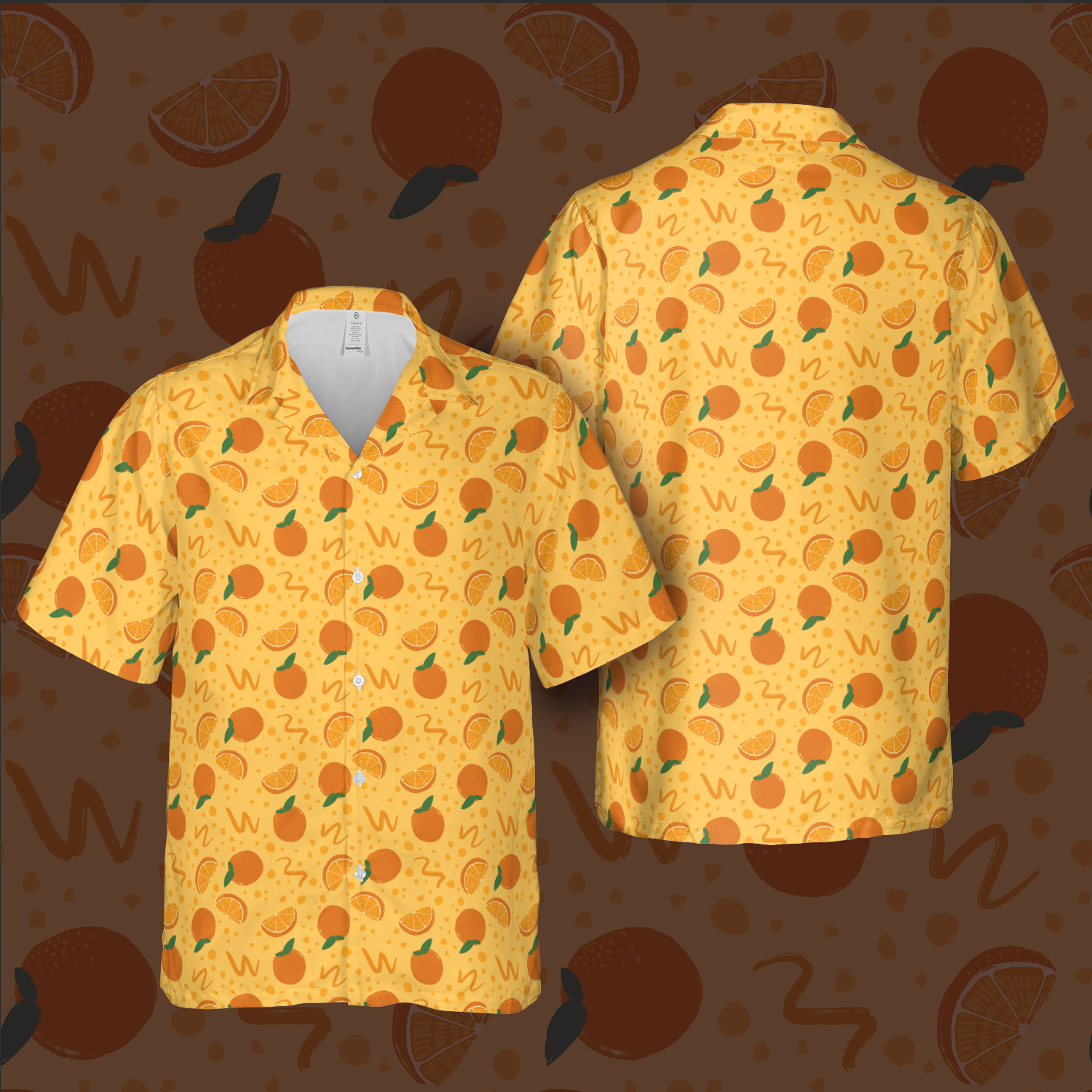 a front and back view of a button up shirt with a yellow background and orange related motifs scattered on top