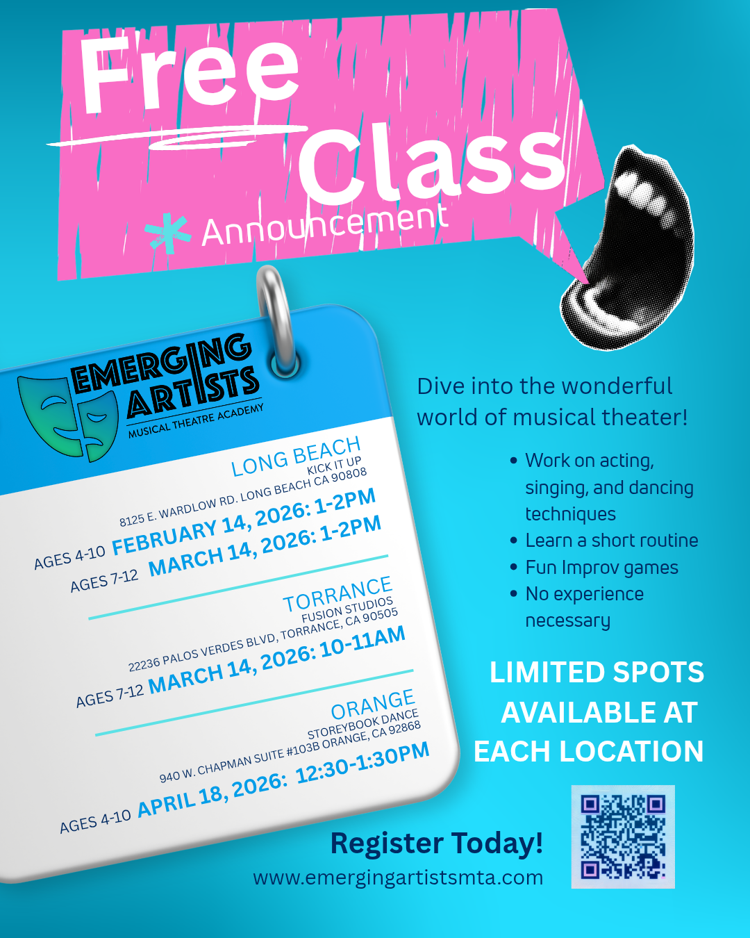 Flyer for a free trial musical theatre class for students ages 4-12 years in Long Beach, Torrance, and Orange