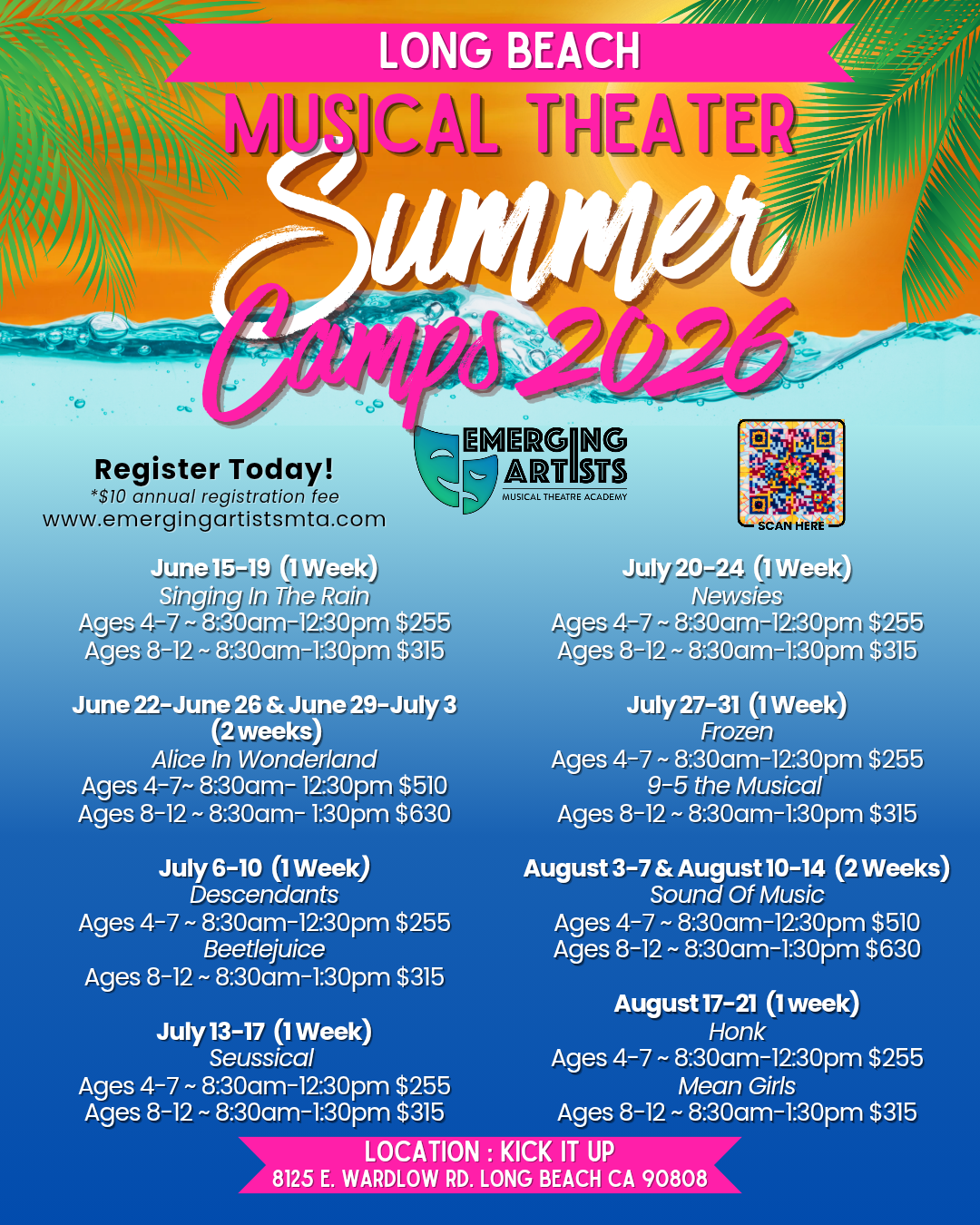 Bright colorful poster advertising Long Beach Musical Theater Summer Camps 2026, with palm leaves, water, and sunset background. Contains camp dates, activities, age groups, times, prices, registration info, and a QR code.