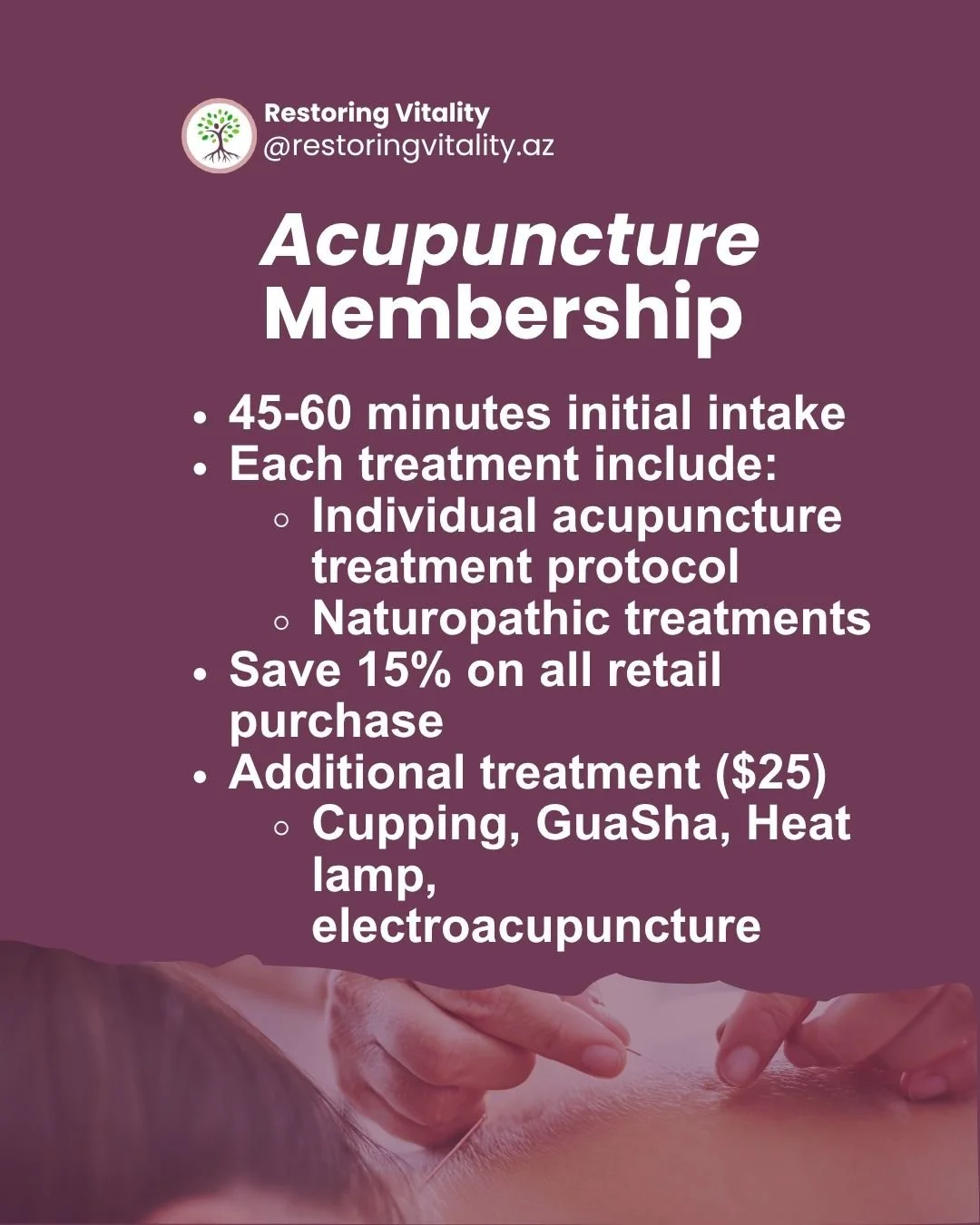 📍Did you know that at Restoring Vitality, we offer an affordable acupuncture community membership plan? 
-
ACUPUNCTURE CAN ADDRESS MANY CONDITONS: 
Gut issue 
Any pain (headache, neck pain, back pain, shoulder pain, knee pain) 
Menstrual irregularit